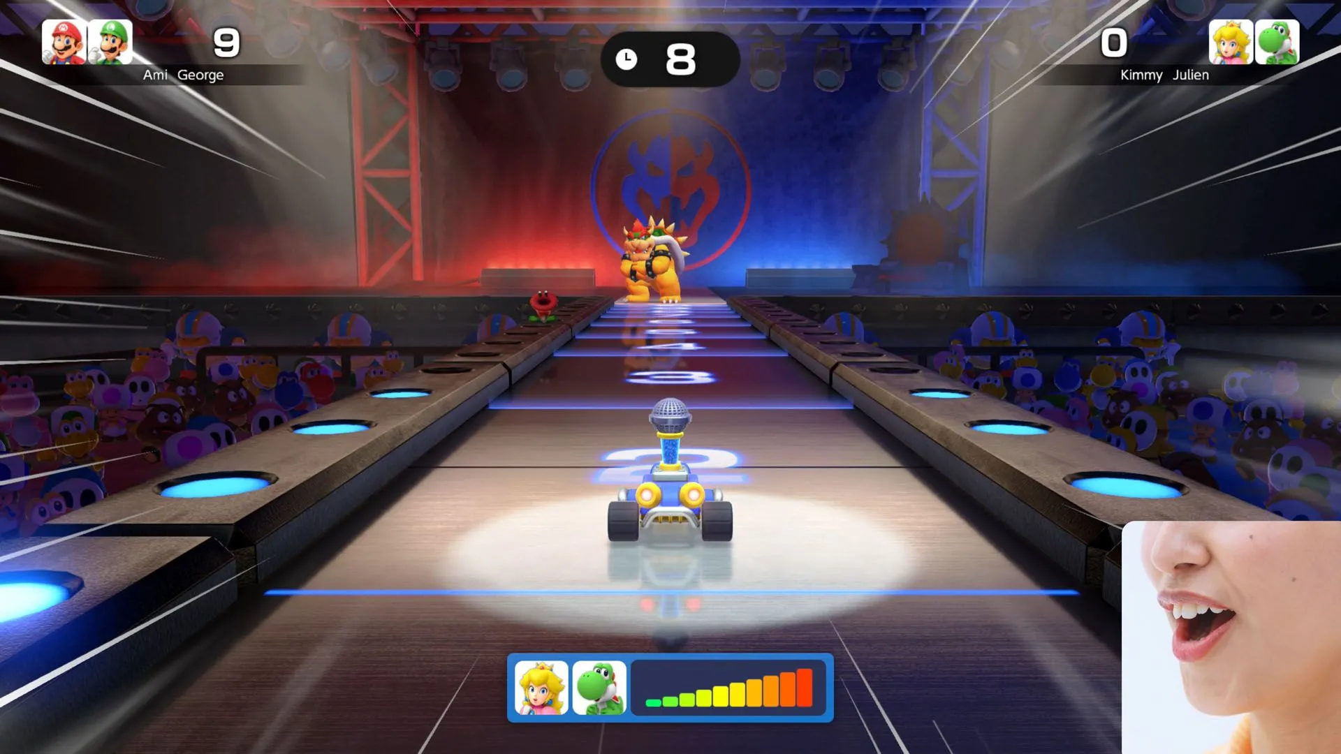 Hình ảnh nhóm nhân vật Mario Party đang hào hứng theo dõi màn hình lớn trong Jamboree TV