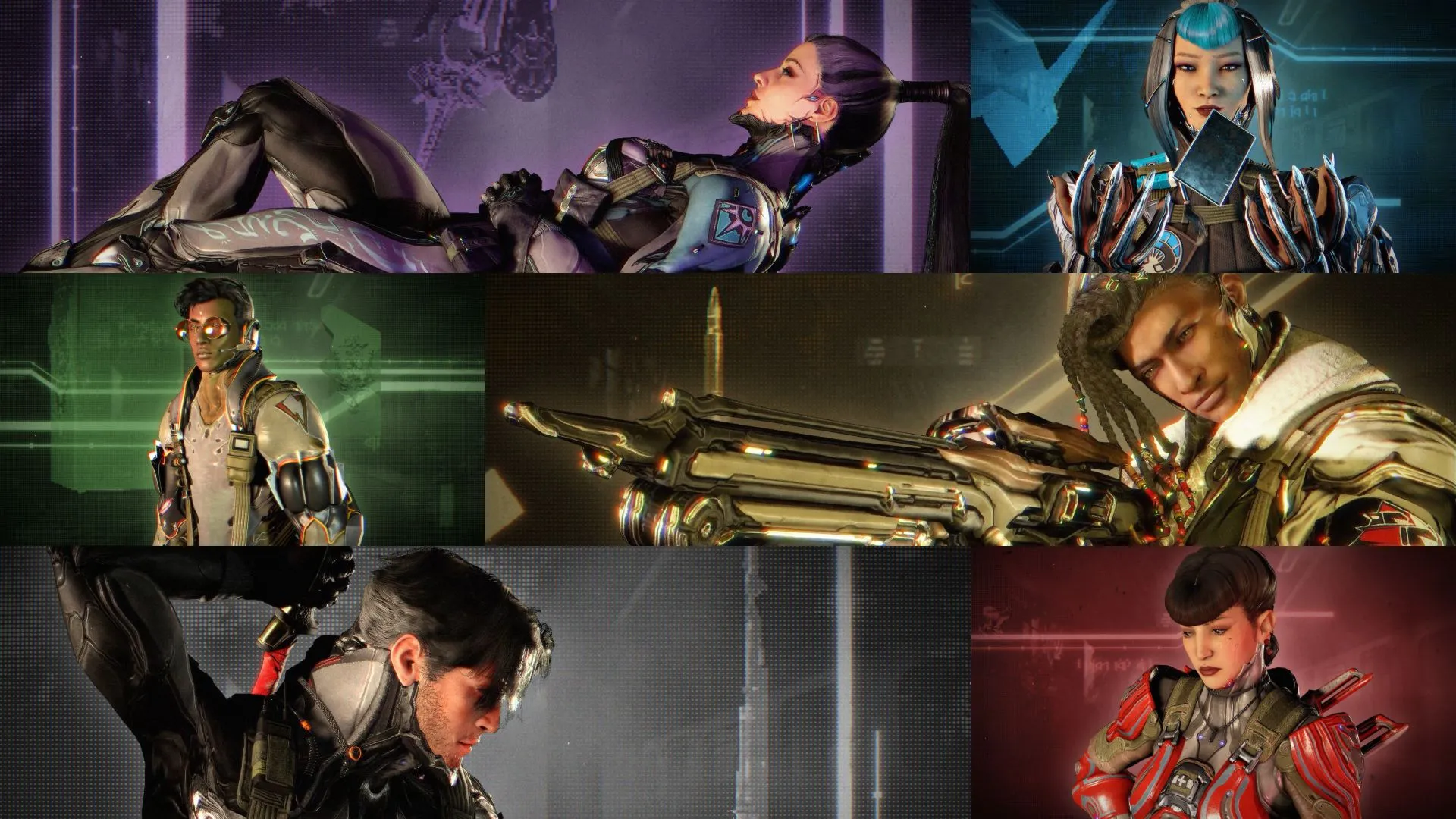 Hình ảnh nhóm The Hex trong Warframe 1999, các thành viên bao gồm Eleanor, Aoi, Amir, Quincy, Arthur và Neci, thể hiện sự đa dạng tính cách.