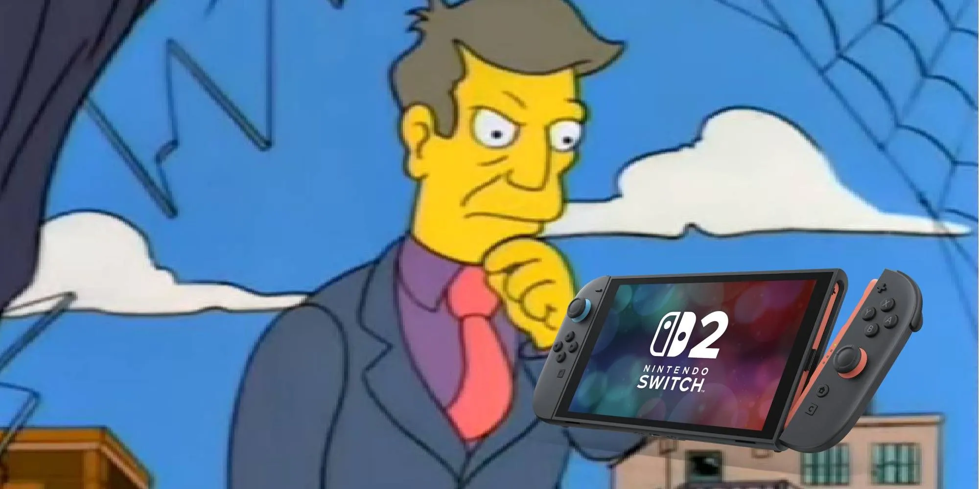 Hình ảnh Principal Skinner chăm chú nhìn vào chiếc Nintendo Switch 2, thể hiện sự quan tâm của cộng đồng game thủ với sức hút của console này