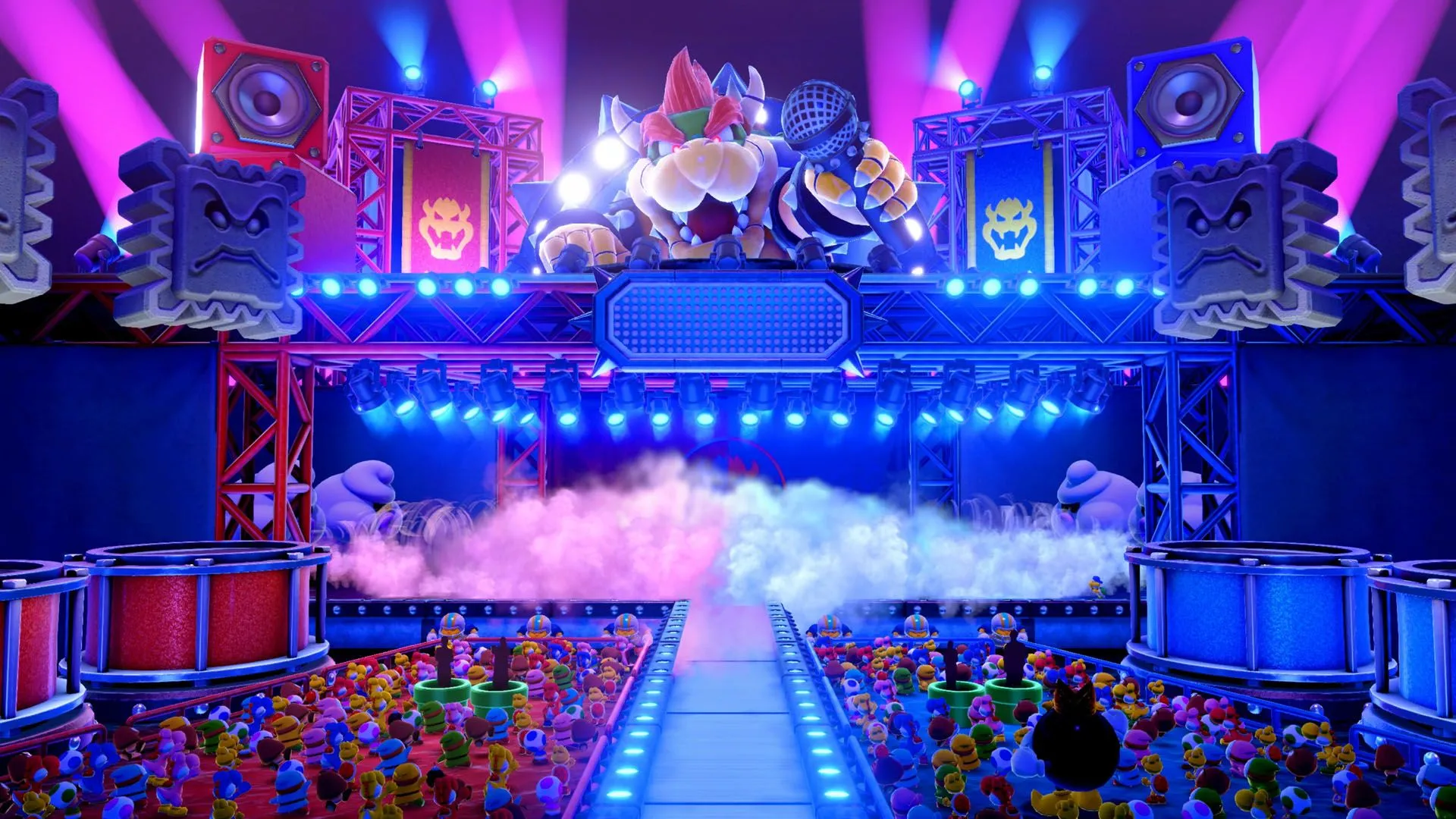 Hình ảnh sân khấu Bowser Live đầy màu sắc trong Super Mario Party Jamboree trên Nintendo Switch 2