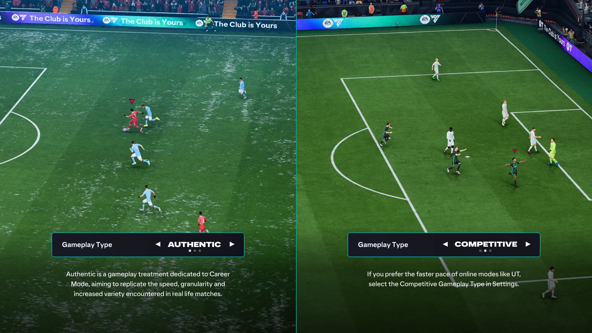 Hình ảnh so sánh trực quan hai phong cách gameplay Competitive và Authentic trong EA FC 26