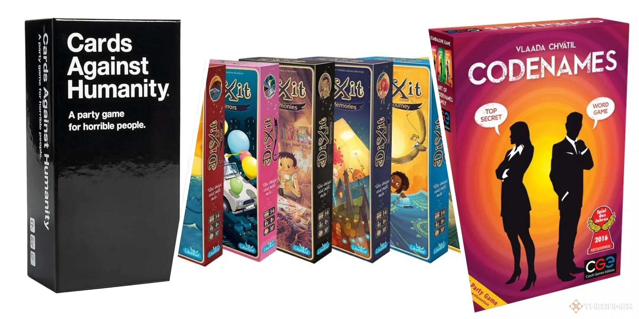 Hình ảnh tổng hợp ba board game giải trí phổ biến: Cards Against Humanity, Dixit và Codenames, minh họa sự đa dạng của thế giới board game.