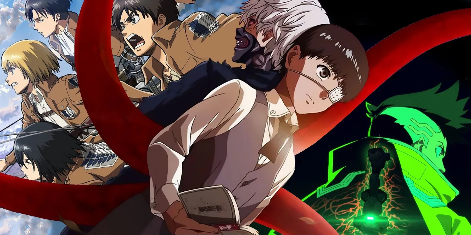Hình ảnh tổng hợp các anime hành động đỉnh cao như Cyberpunk Edgerunners, Tokyo Ghoul và Attack on Titan, minh họa sức hút mãnh liệt của anime.