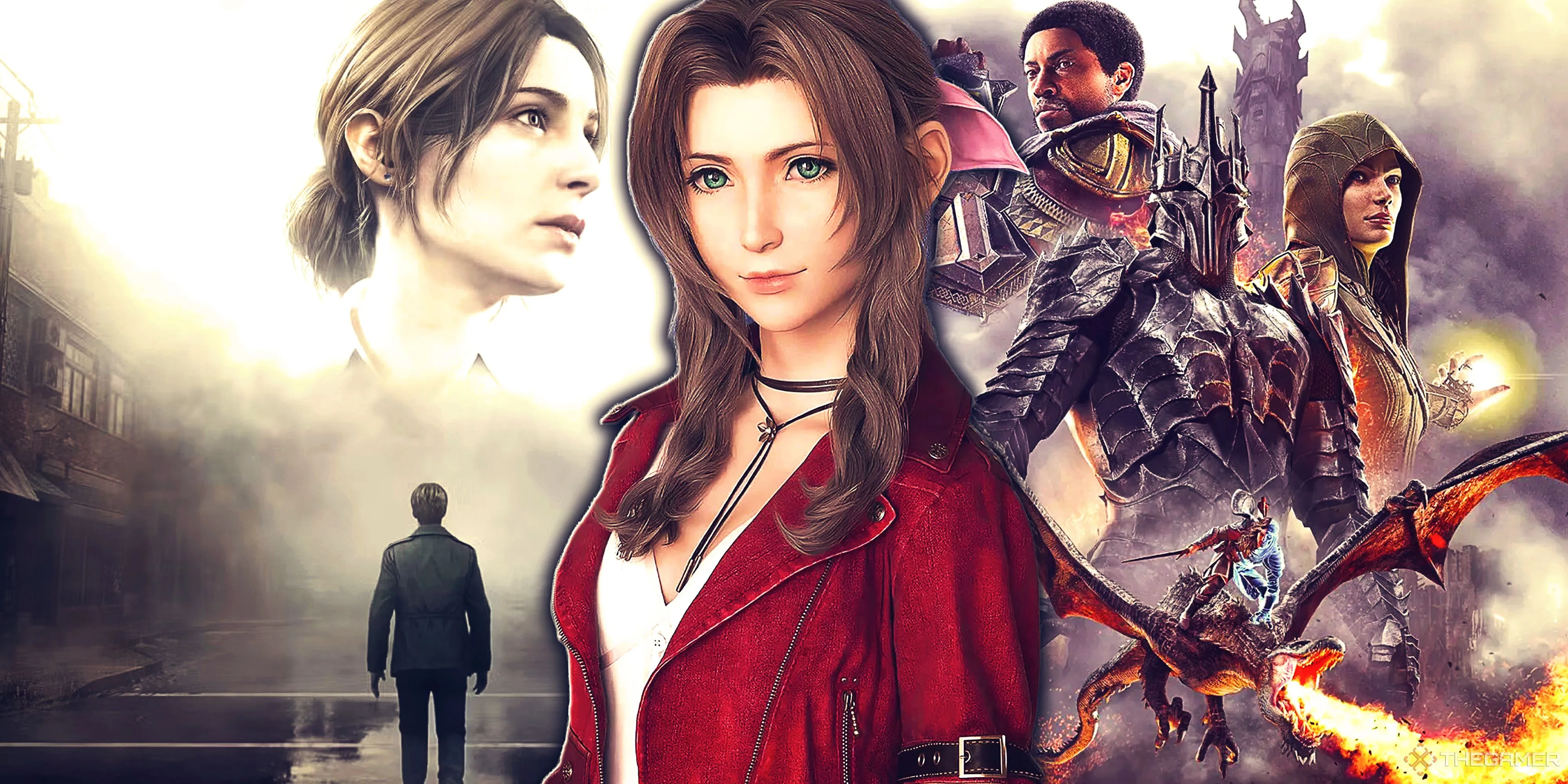 Hình ảnh tổng hợp các cảnh từ Silent Hill 2 Remake, Final Fantasy 7 với Aerith và Middle-earth Shadow of War, đại diện cho những thay đổi trong game remake.