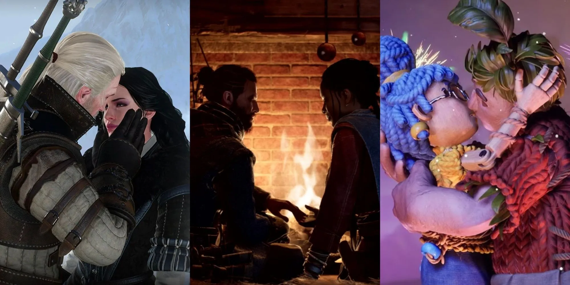 Hình ảnh tổng hợp các cặp đôi nổi tiếng trong game như Geralt và Yennefer, thể hiện sự đa dạng của các mối quan hệ tình cảm.