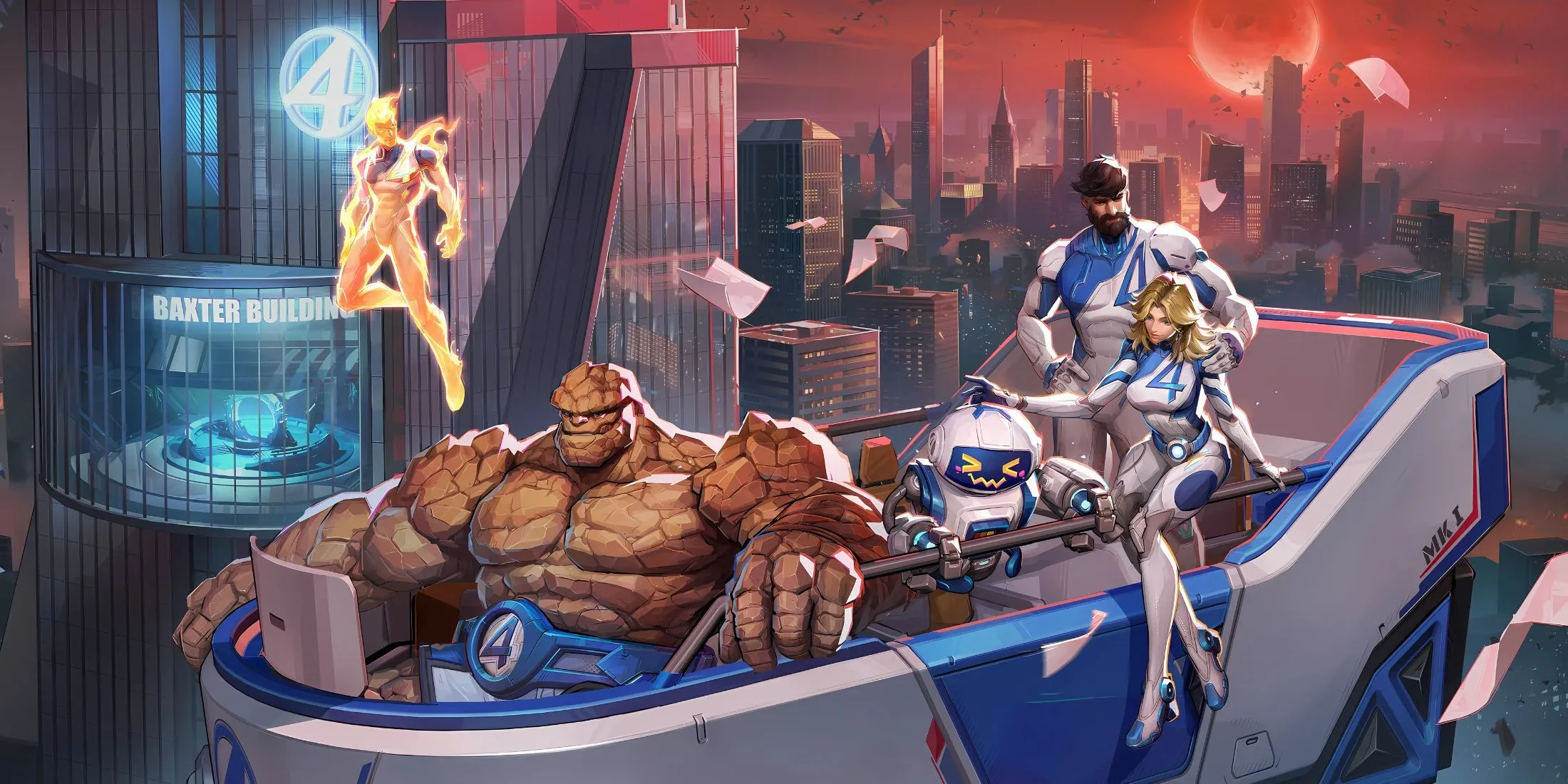 Human Torch cõng The Thing bay lượn trong kỹ năng kết hợp First Steps của Marvel Rivals