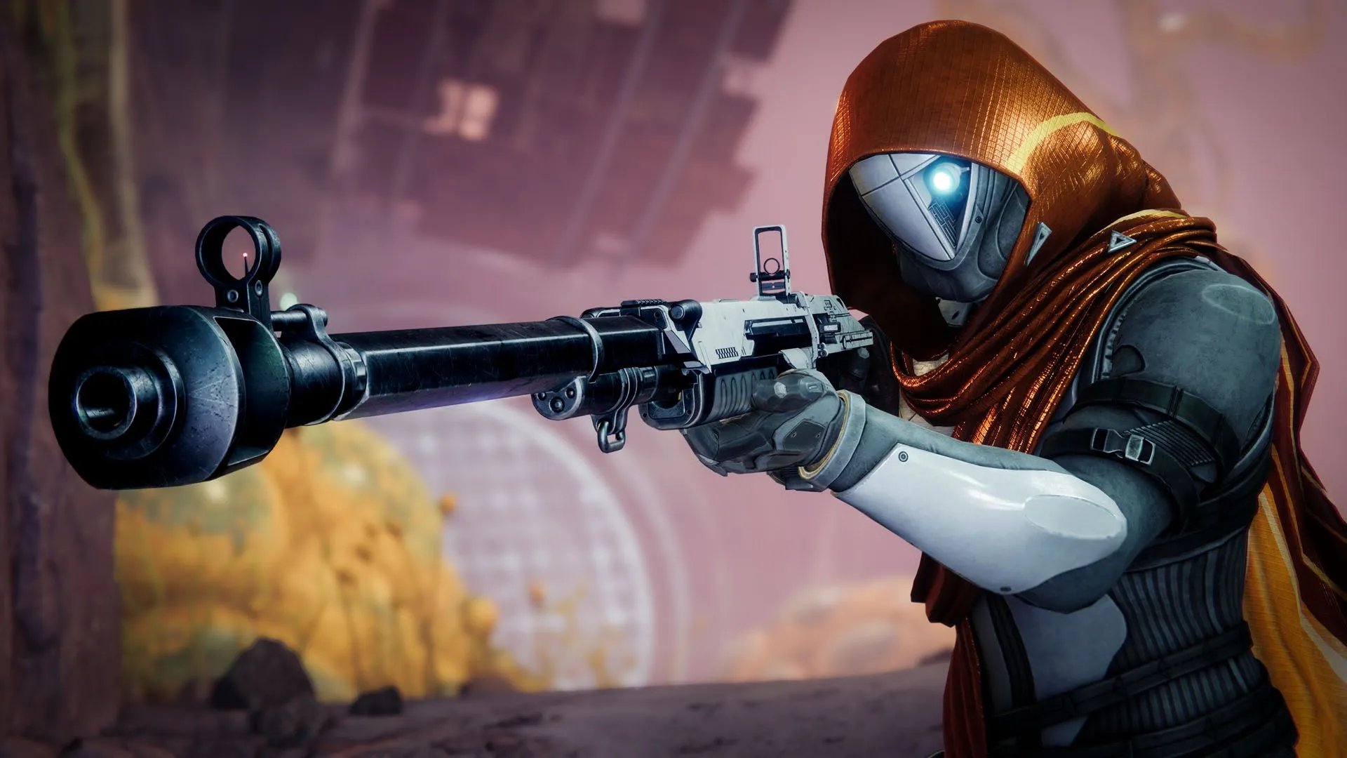 Hunter trong Destiny 2 cầm súng ngắm Exotic New Land Beyond, một trong những vũ khí độc đáo của Edge of Fate