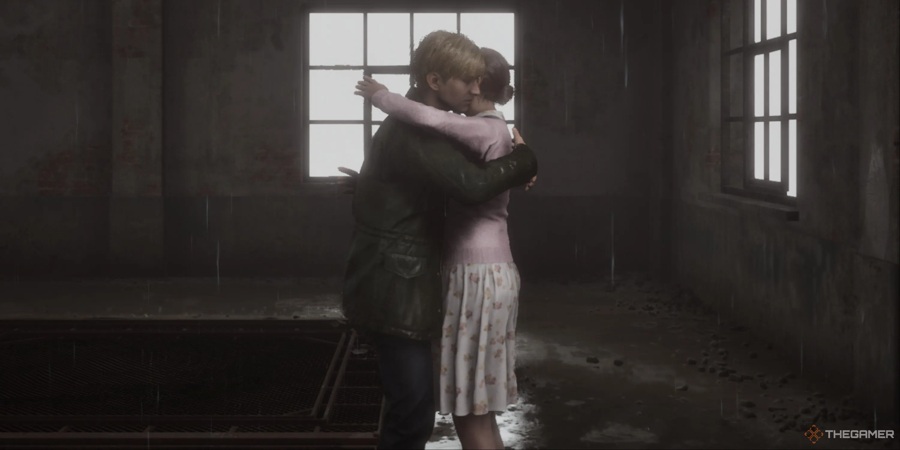 James ôm Mary trong cảnh cuối cùng trước trận đấu boss trong Silent Hill 2, một khoảnh khắc đầy ám ảnh và ý nghĩa.