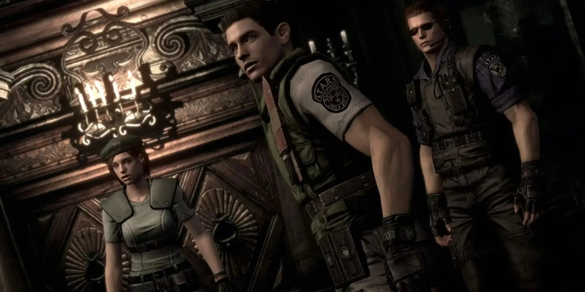 Jill, Chris và Albert bước vào dinh thự trong Resident Evil bản gốc