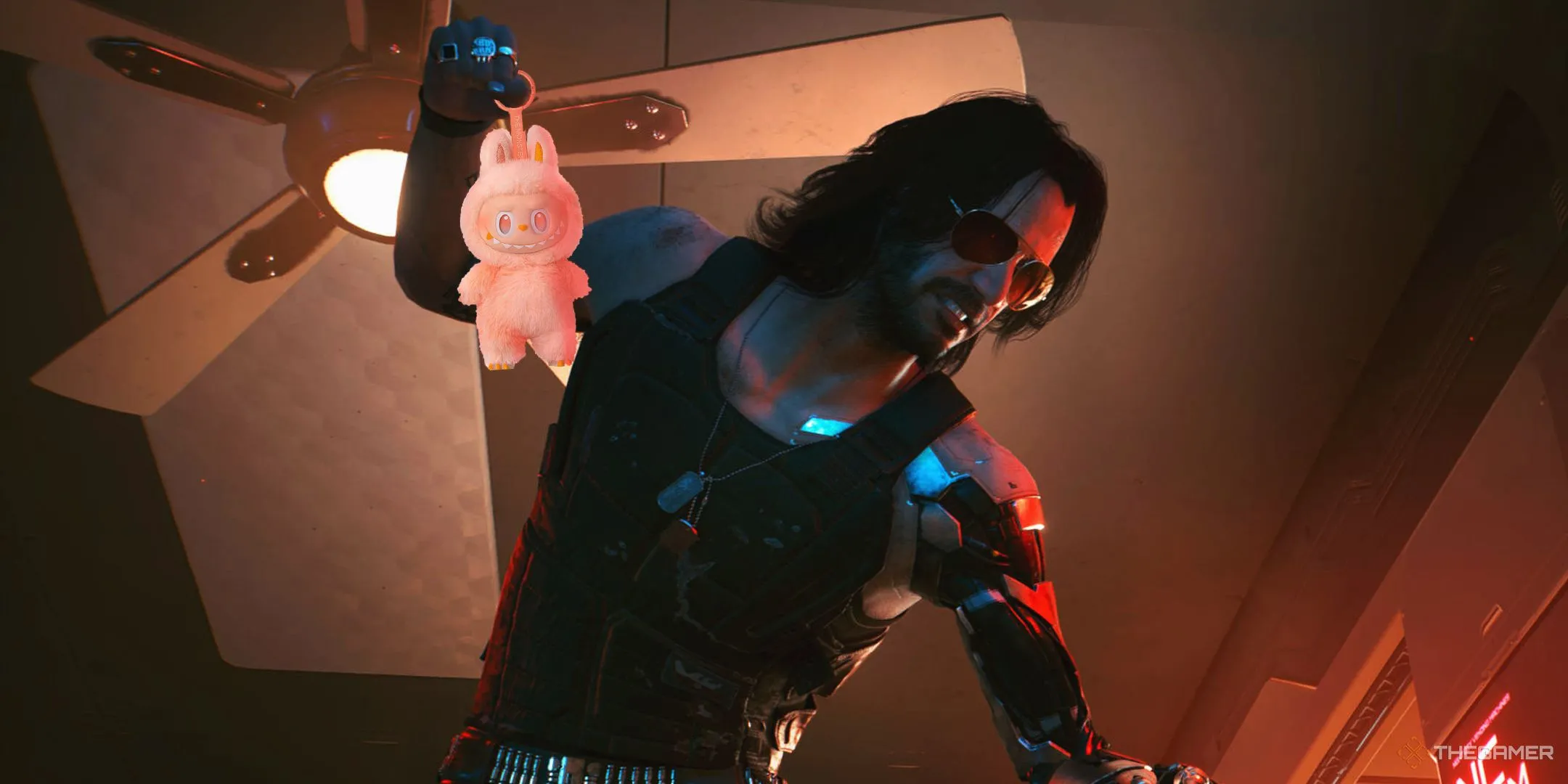 Johnny Silverhand trong Cyberpunk 2077 đeo mũ Labubu neon cá tính, một ý tưởng collab Labubu độc đáo.