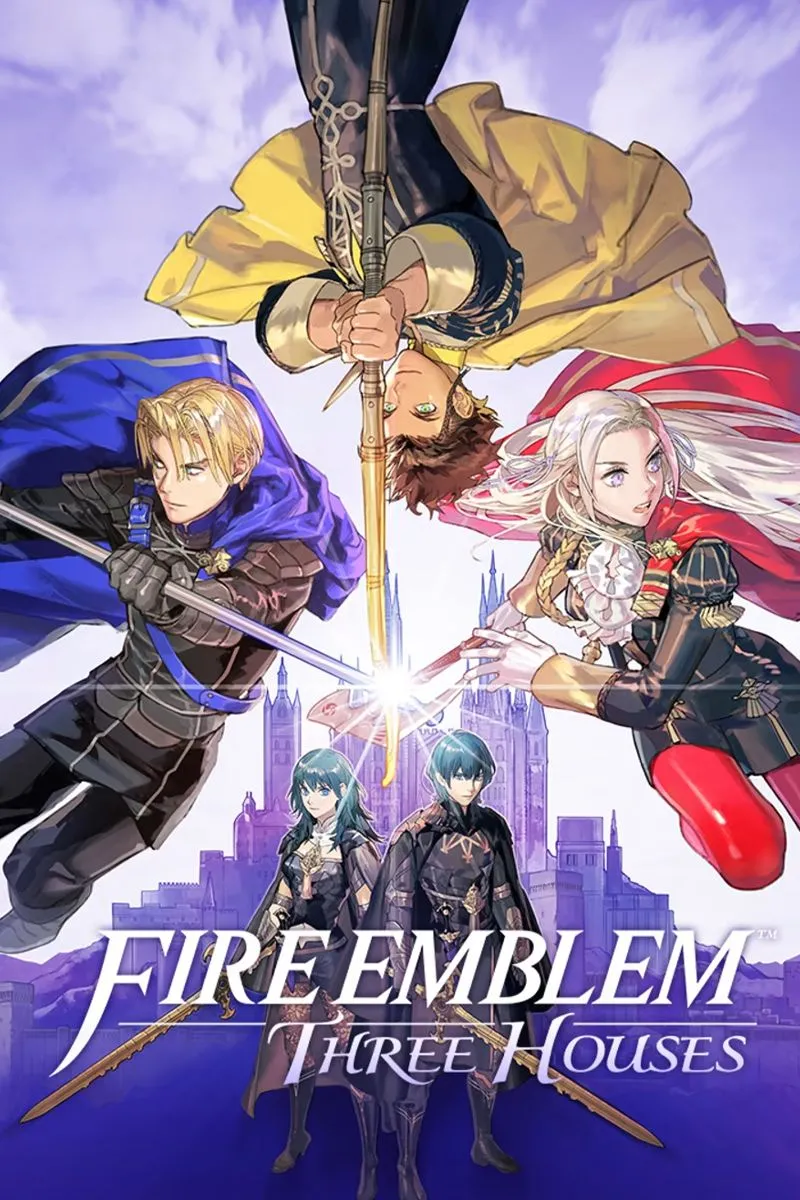 Key art của Fire Emblem: Three Houses, thể hiện các nhân vật chính và bối cảnh học viện