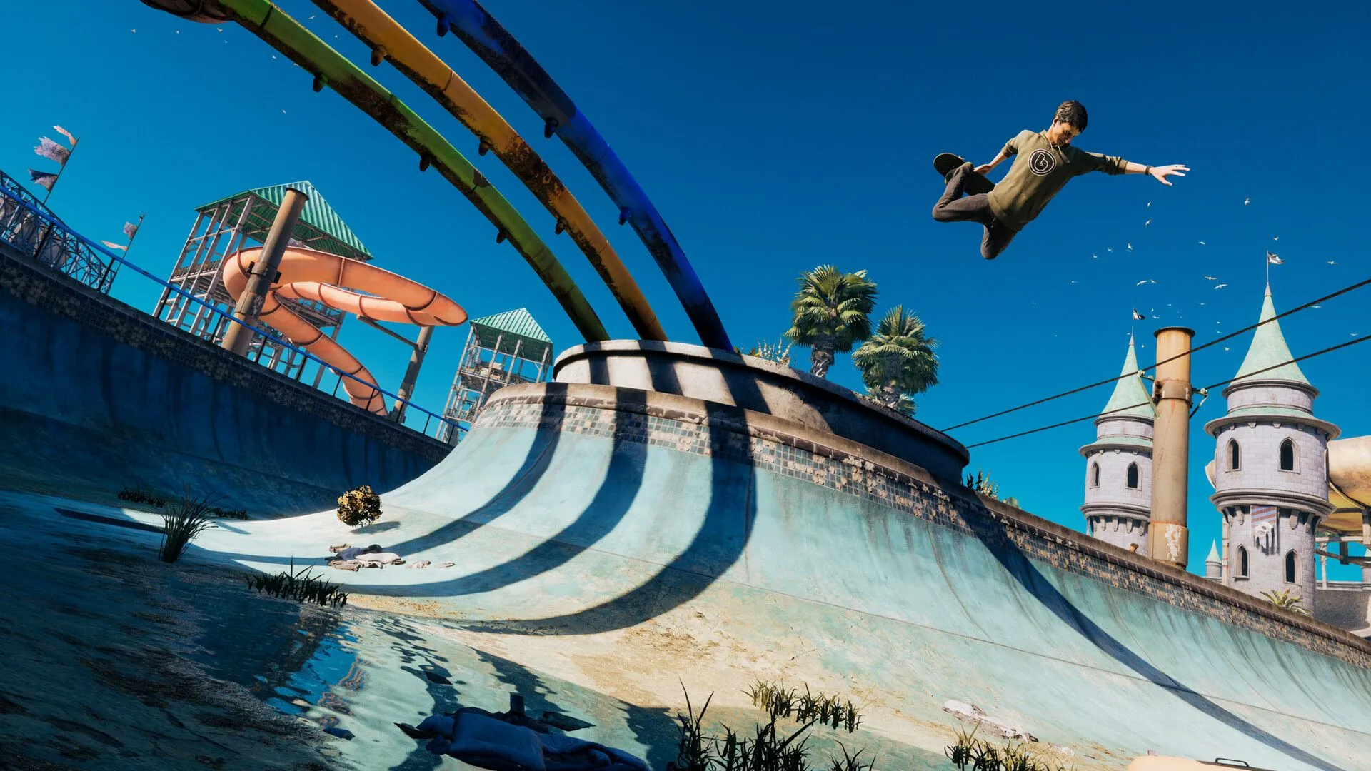 Khoảnh khắc nhân vật bay lượn trên không trung, chuẩn bị thực hiện cú trick ấn tượng trong Tony Hawk's Pro Skater 3 + 4