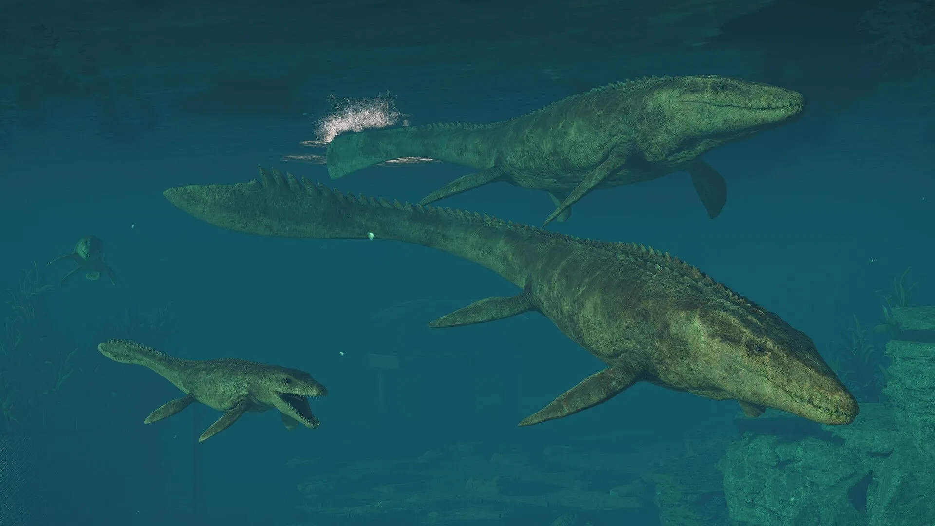 Khủng long trưởng thành và khủng long con tương tác trong Jurassic World Evolution 3