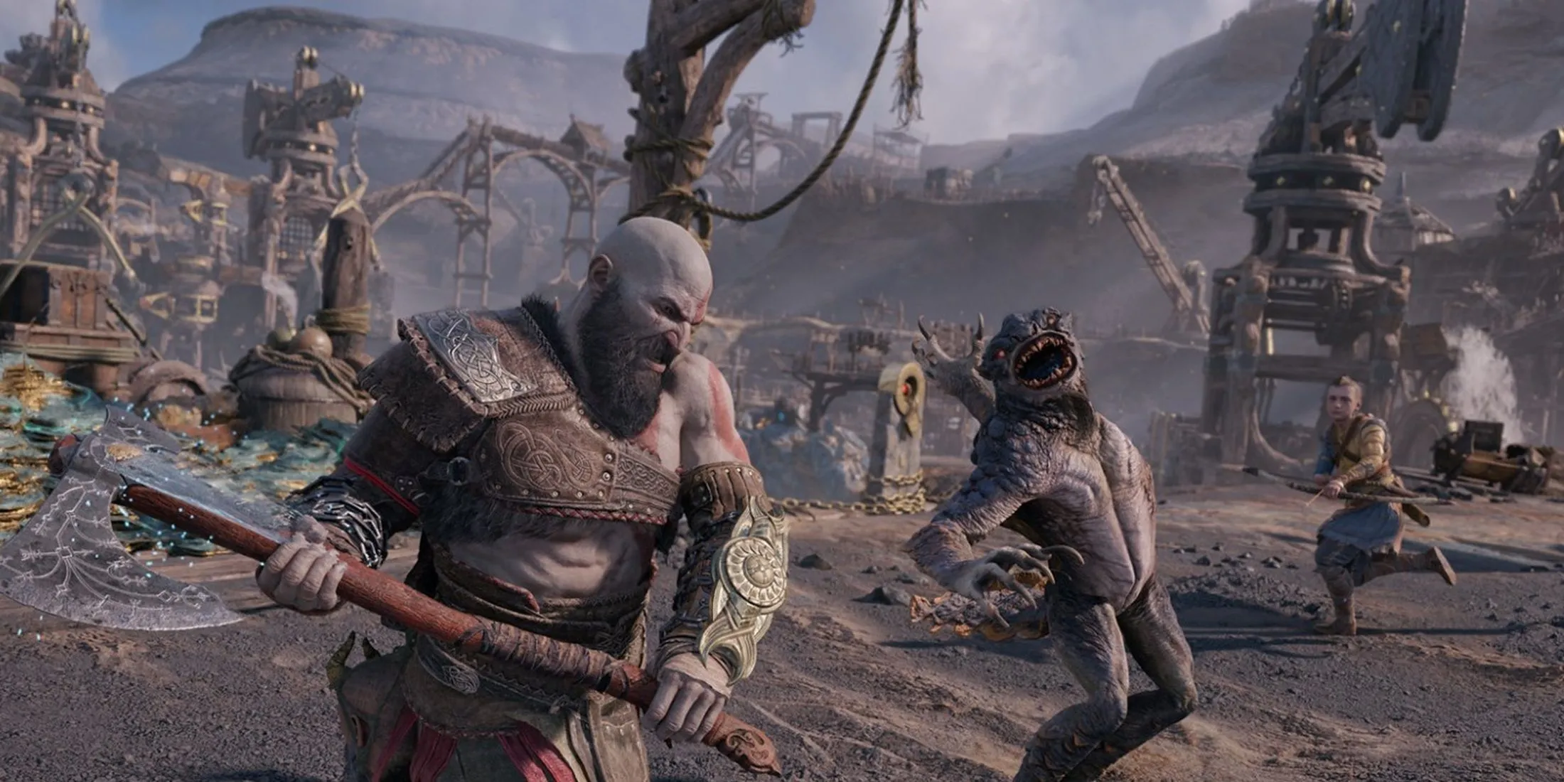 Kratos và Atreus sát cánh chiến đấu chống lại quái vật trong God of War Ragnarok