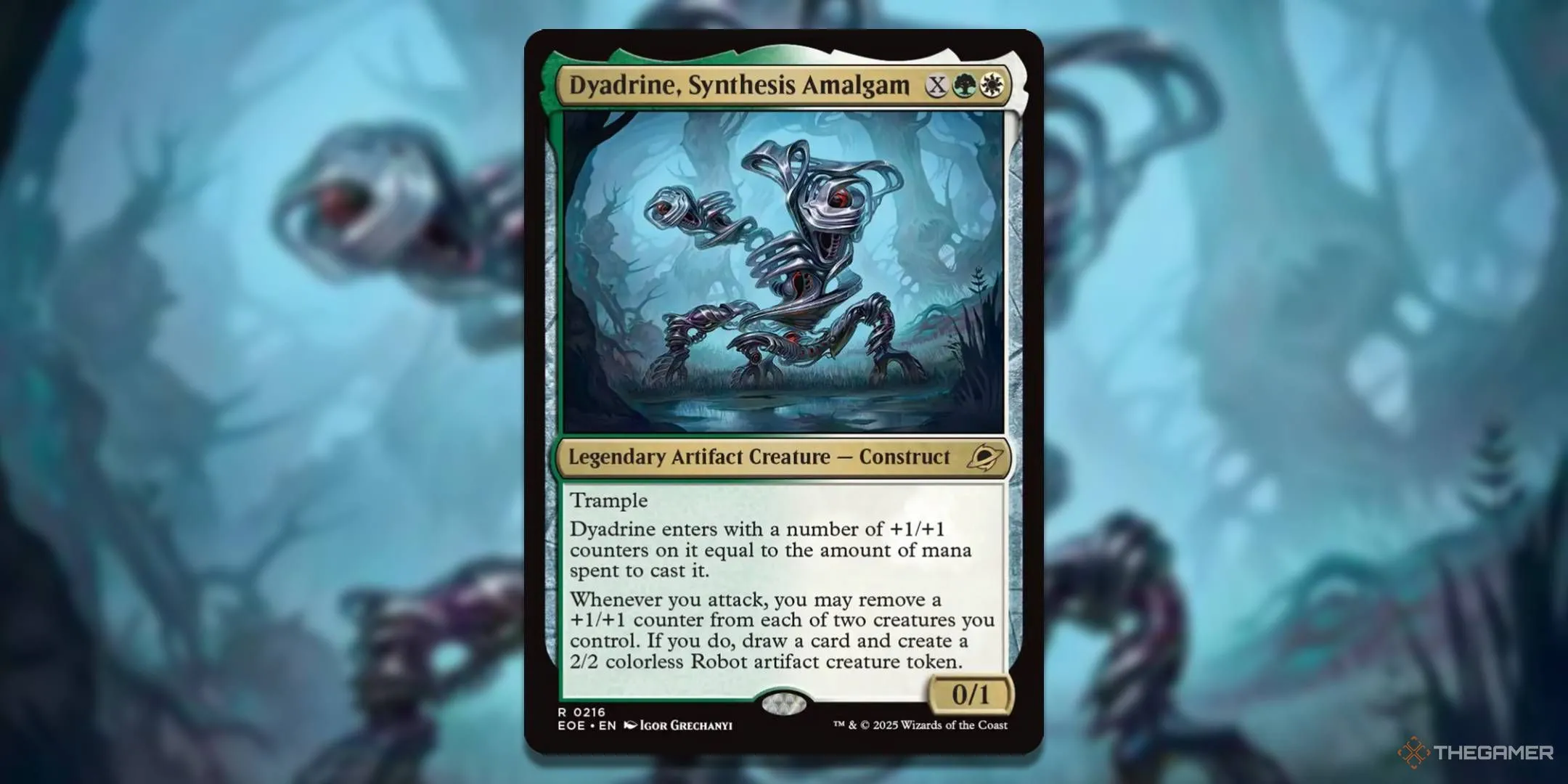 Lá bài Dyadrine Synthesis Amalgam với hình ảnh robot và counter +1/+1 trong MTG Edge of Eternities
