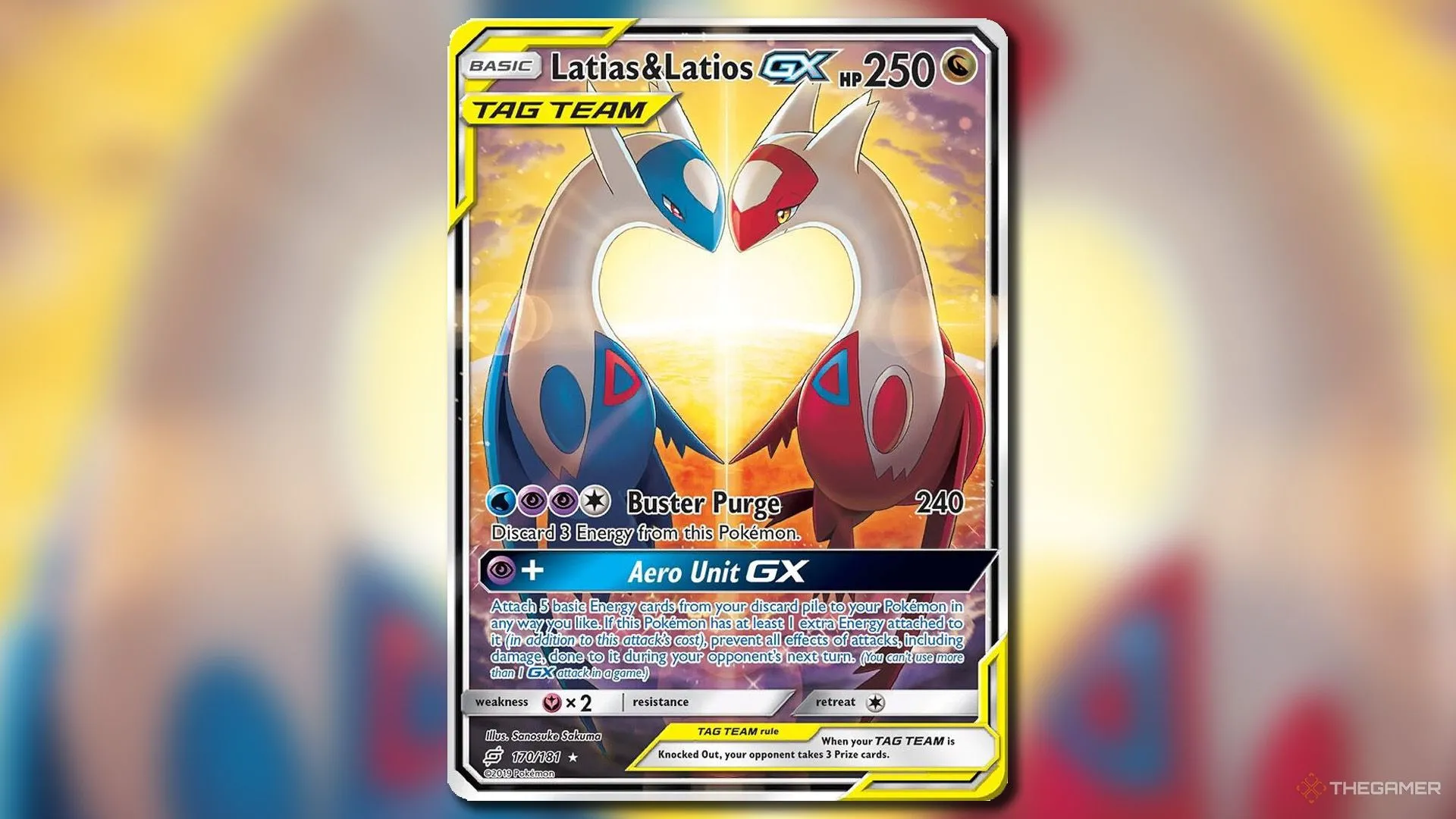 Lá bài Latias &amp; Latios GX Alternate Full Art từ bộ Team Up của Pokemon TCG, nổi bật với hình ảnh bay lượn của cặp đôi Rồng song sinh.