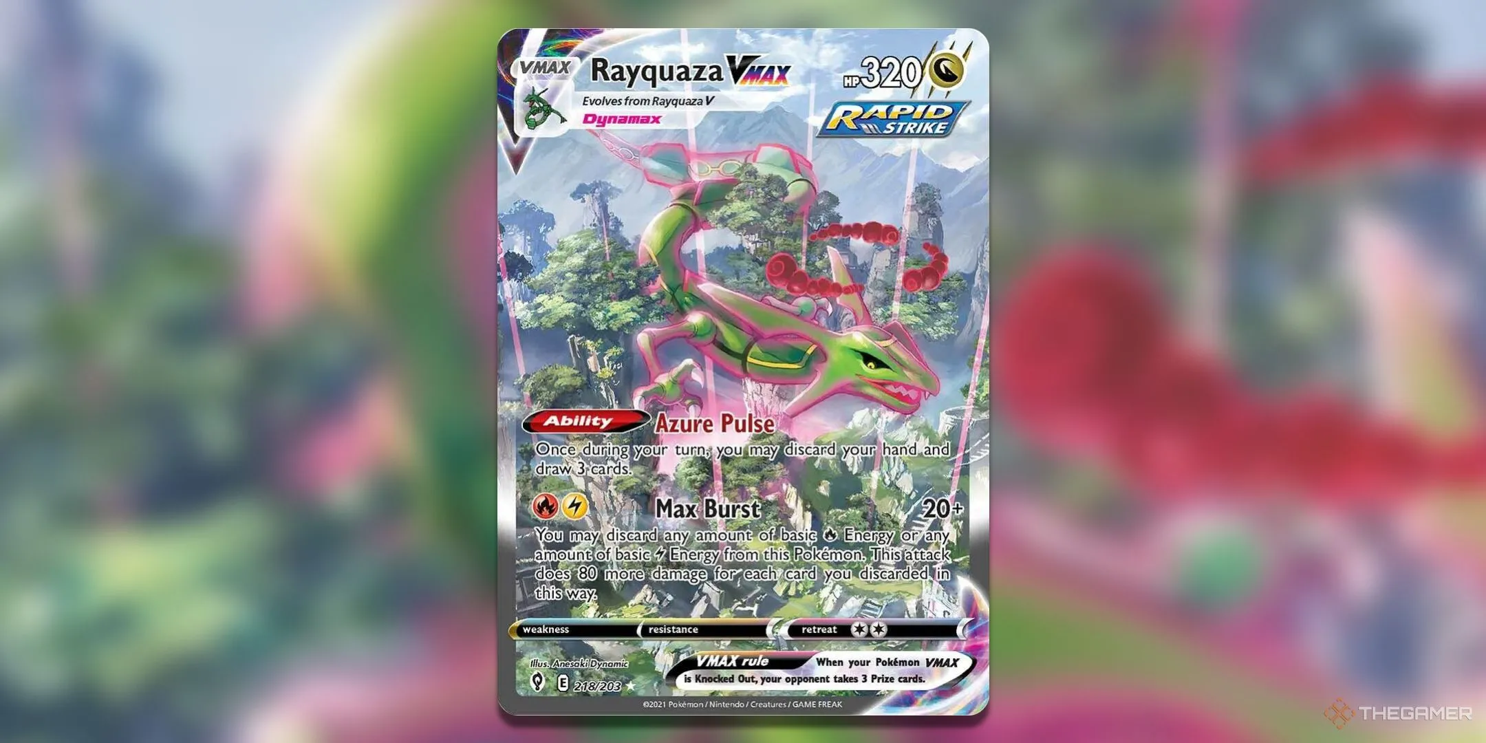 Lá bài Rayquaza VMAX Alternate Art từ bộ Evolving Skies của Pokemon TCG, một trong những thẻ bài được săn lùng nhất.