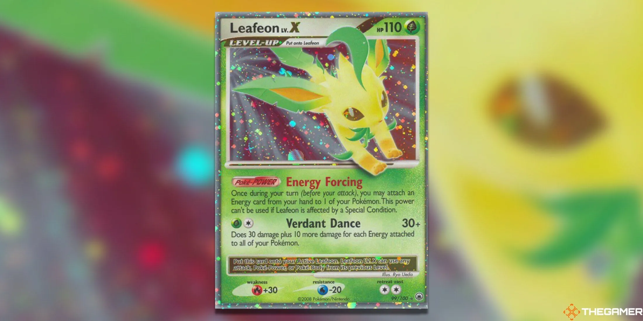 Leafeon LV. X từ bộ Majestic Dawn Pokemon TCG, thể hiện vẻ đẹp của Pokemon hệ Cỏ với tông màu xanh
