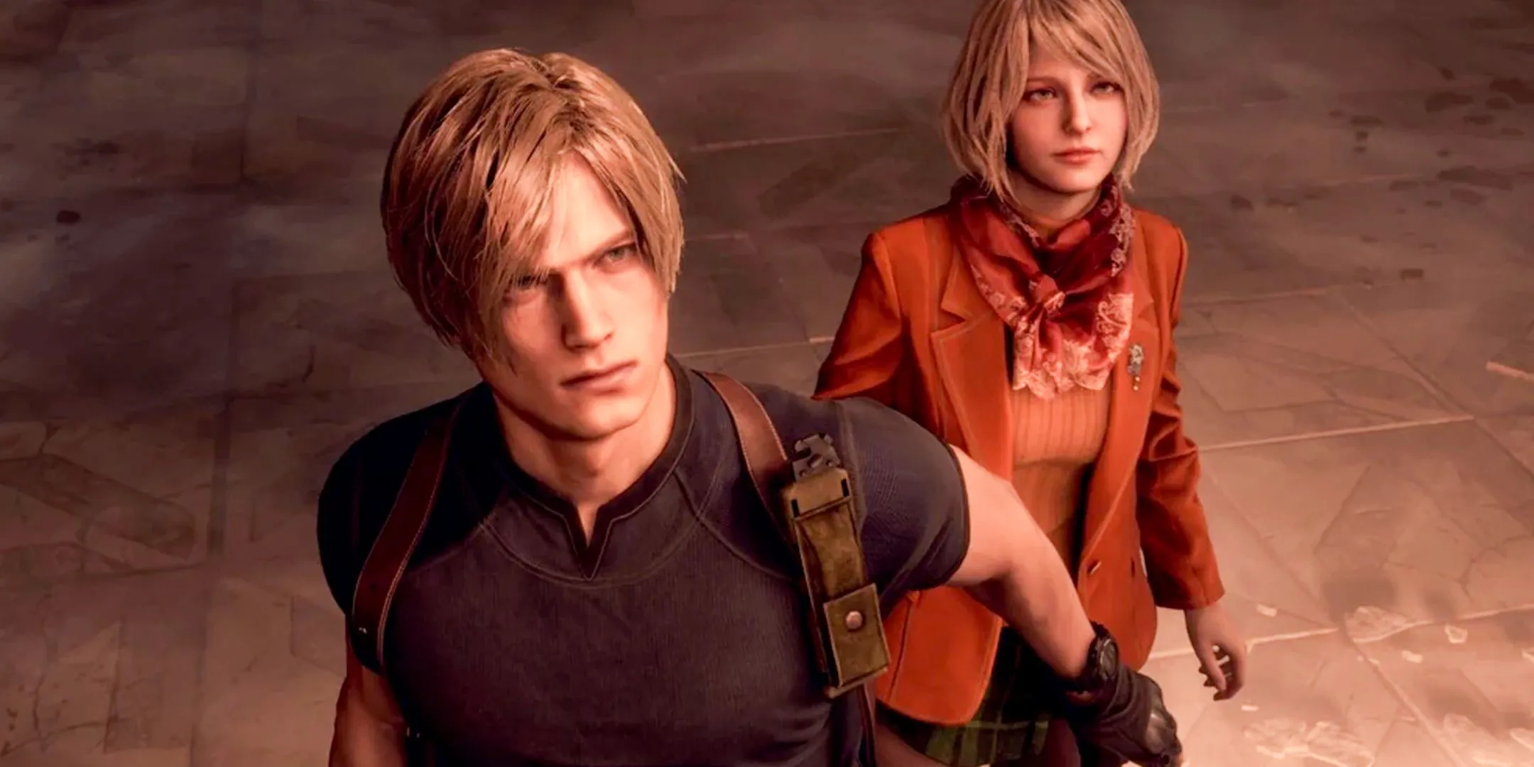 Leon Kennedy bảo vệ Ashley Graham trong bối cảnh nguy hiểm của Resident Evil 4 Remake, hình ảnh biểu tượng của game kinh dị sinh tồn.