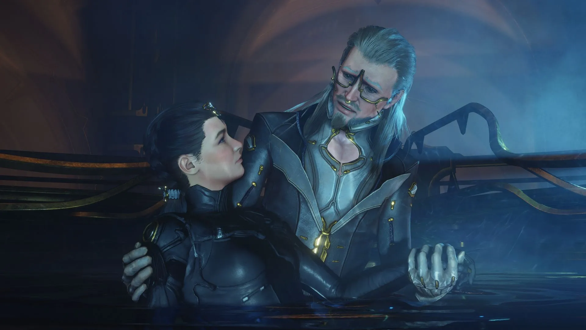 Loid ân cần ôm Operator trong Warframe, hình ảnh biểu trưng cho sự gắn kết và tin tưởng trong cộng đồng game thủ.