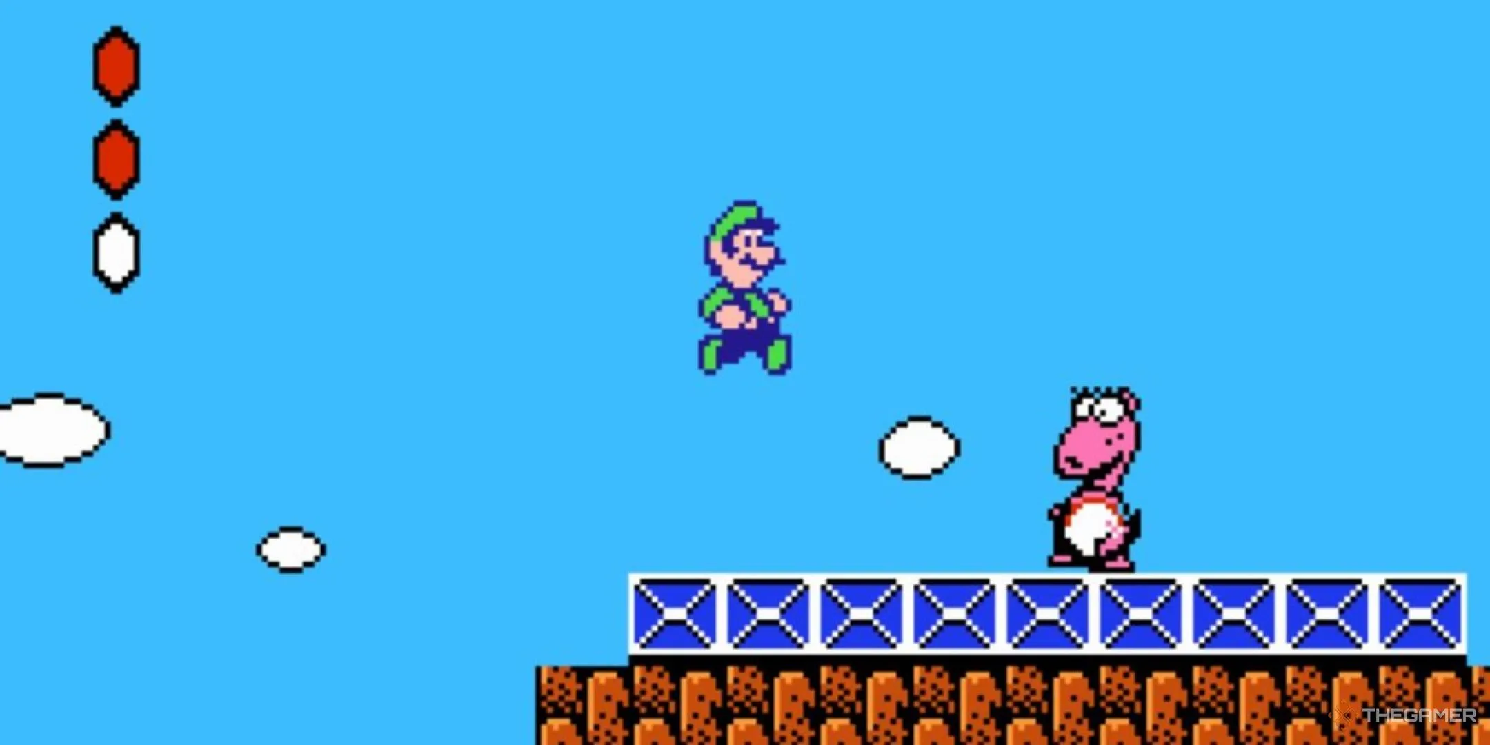 Luigi nhảy qua Birdo (Birdette) trong game Super Mario Bros 2, thể hiện lối chơi độc đáo của phiên bản này.