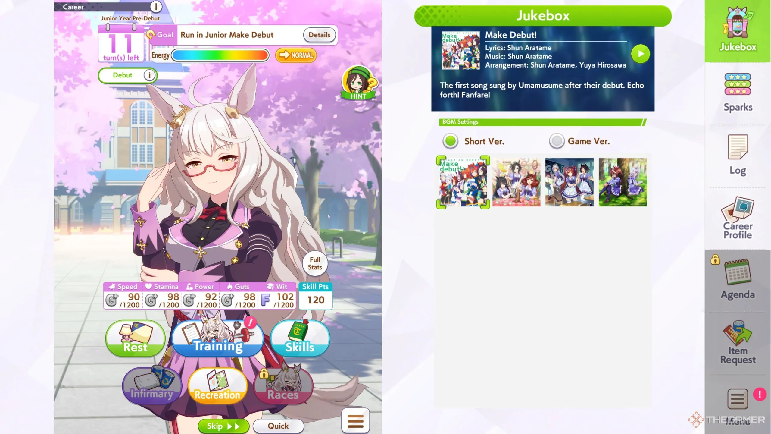 Màn hình huấn luyện Biwa Hayahide trong game Umamusume Pretty Derby, hiển thị các chỉ số và lựa chọn luyện tập