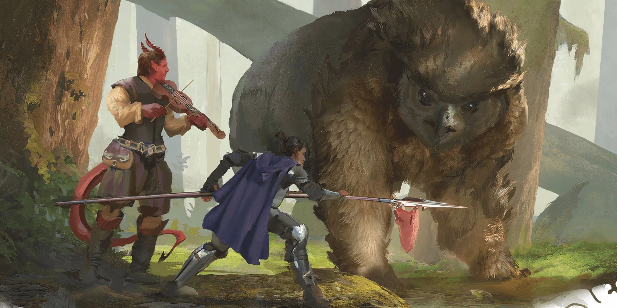 Mạo hiểm giả D&amp;D đối đầu với quái vật Owlbear, minh họa cho những nhiệm vụ nguy hiểm.