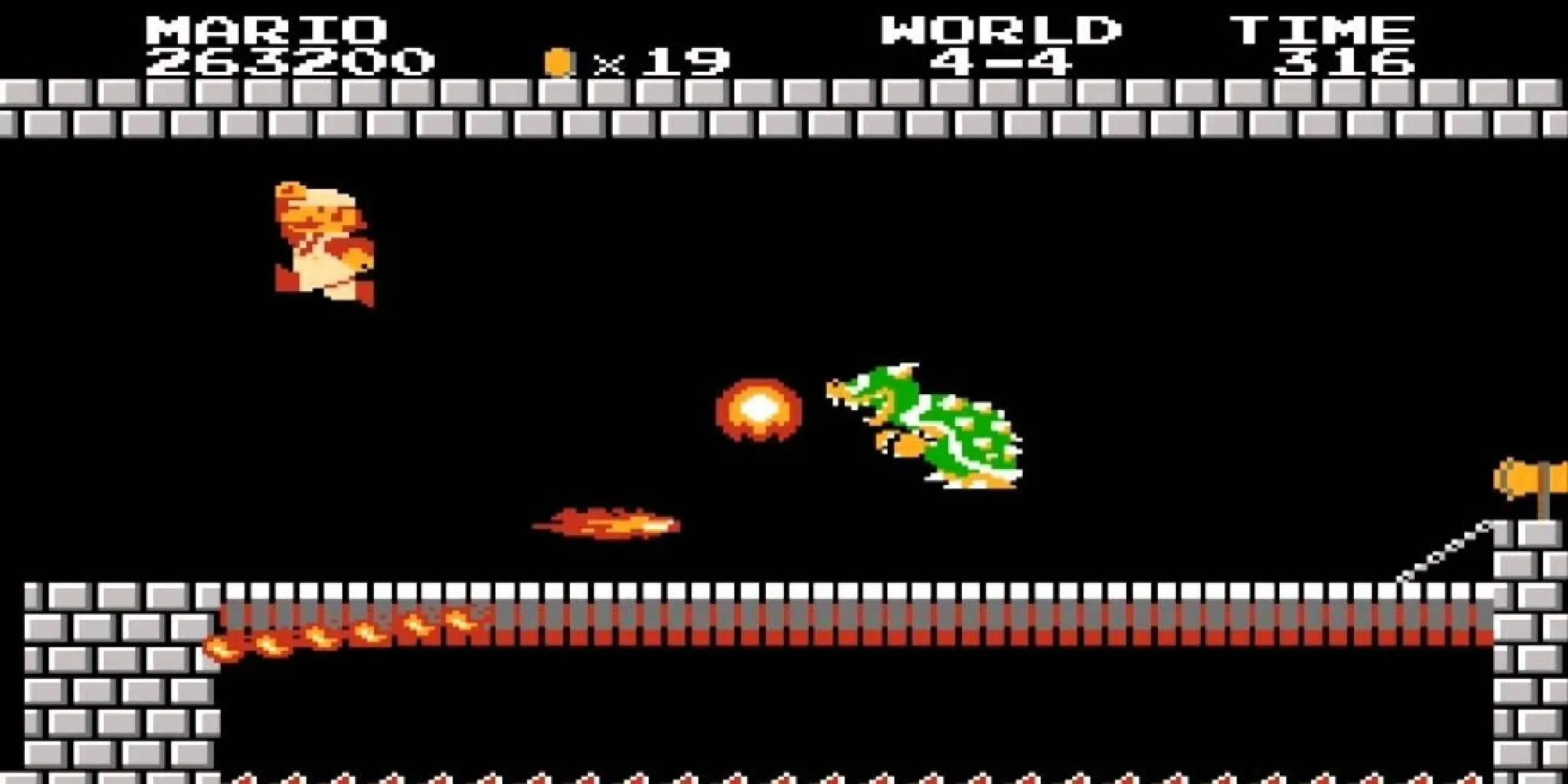 Mario đối đầu với Bowser trong lâu đài cuối cùng của game Super Mario Bros trên NES, biểu tượng của dòng game.