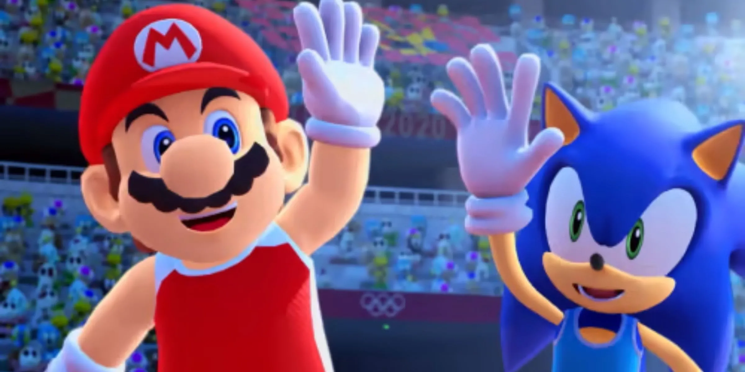 Mario và Sonic vẫy tay chào người hâm mộ tại Thế vận hội Tokyo 2020, hình ảnh thân thuộc của series game.