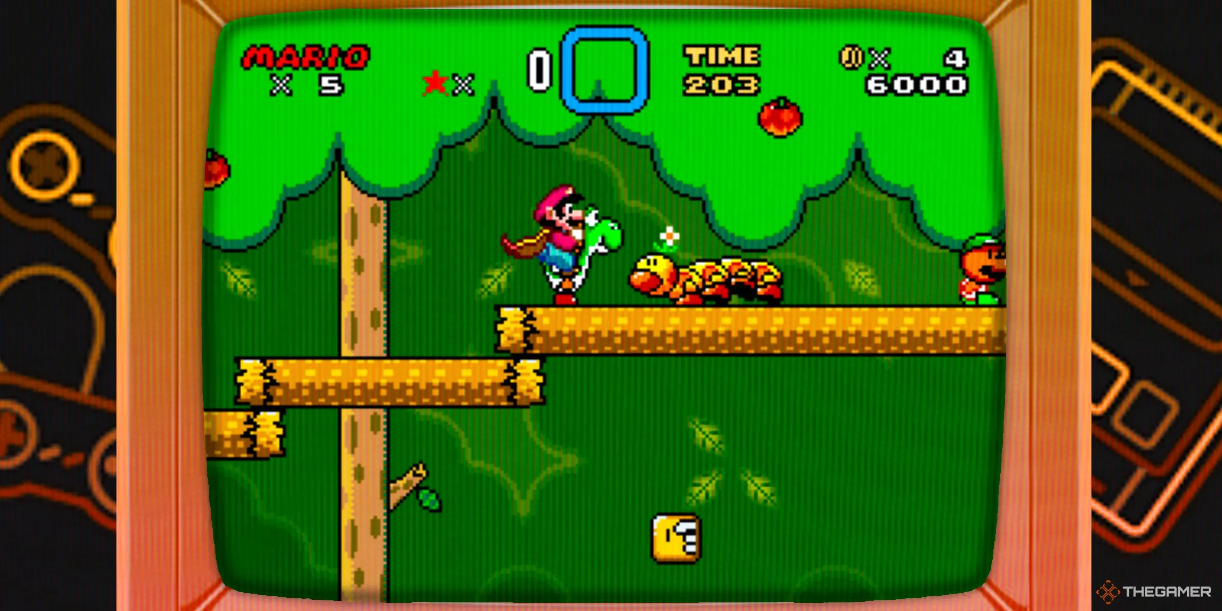 Mario với lông vũ bay và Yoshi cưỡi trên lưng trong cảnh rừng Super Mario World trên màn hình TV CRT, biểu tượng của SNES.