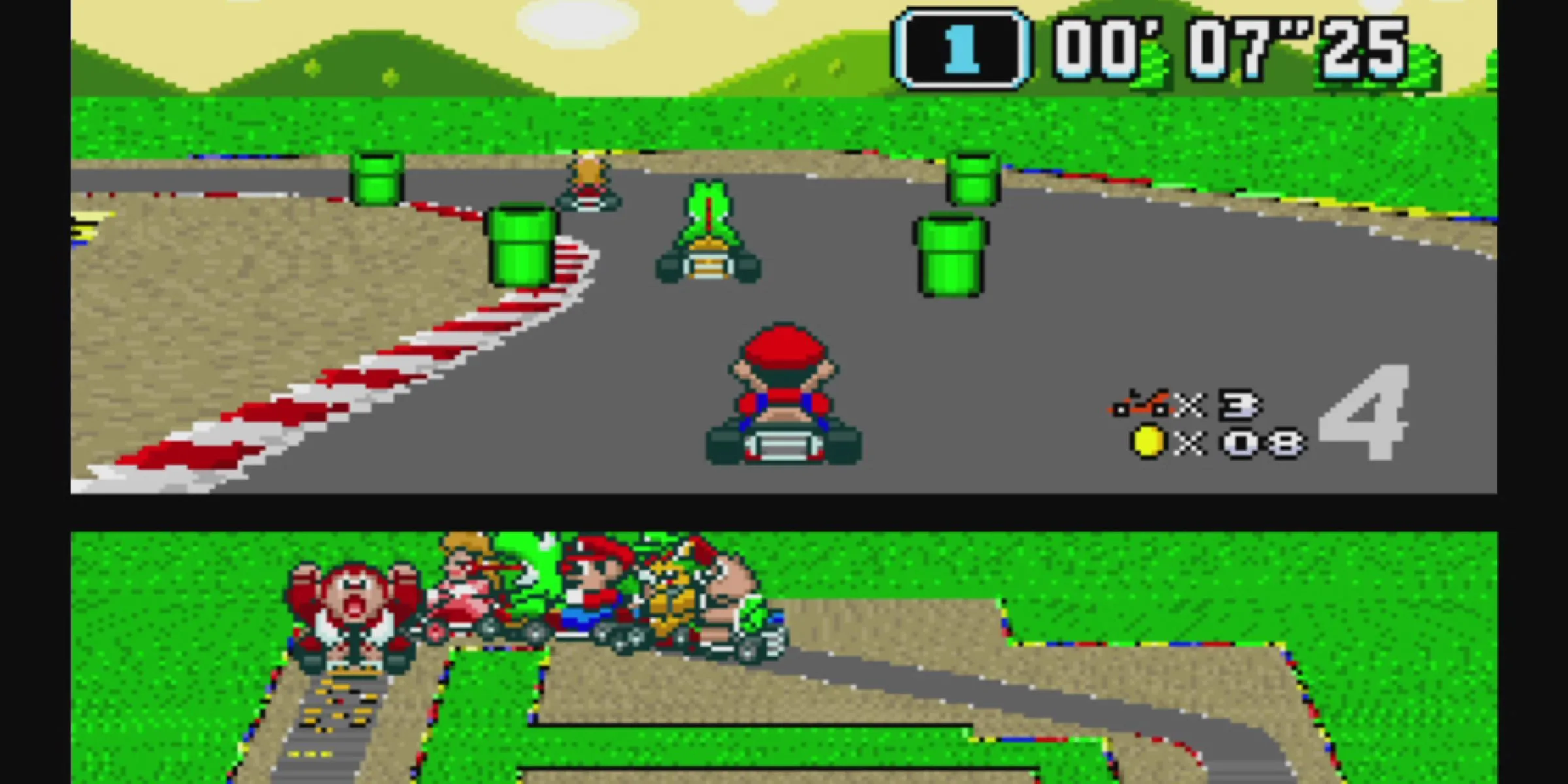 Mario, Yoshi và Peach đua xe trên Mario Circuit trong Super Mario Kart, tựa game khởi nguồn thể loại đua xe Go-Kart.