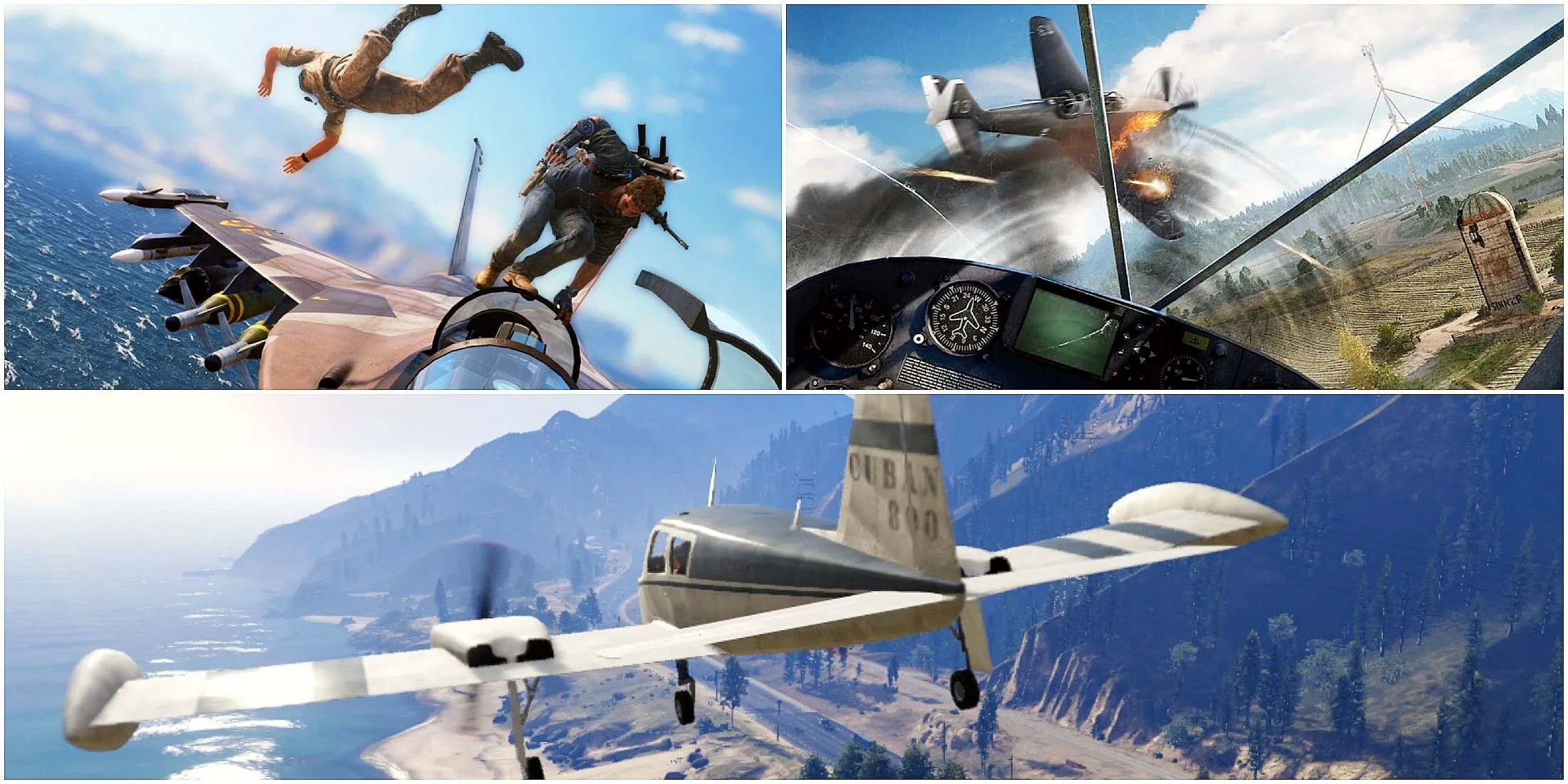 Máy bay chiến đấu lao vun vút trên nền trời đầy khói lửa trong một tựa game thế giới mở cho phép người chơi điều khiển máy bay và giải trí cháy nổ.