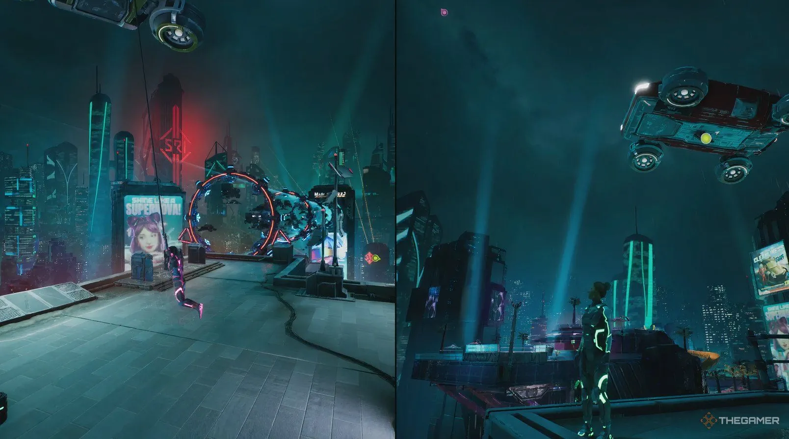 Mio và Zoe bám vào những chiếc xe bay trong màn chơi giao thông tương lai của Split Fiction, thể hiện lối chơi platformer đòi hỏi sự khéo léo và phối hợp co-op của hai nhân vật.