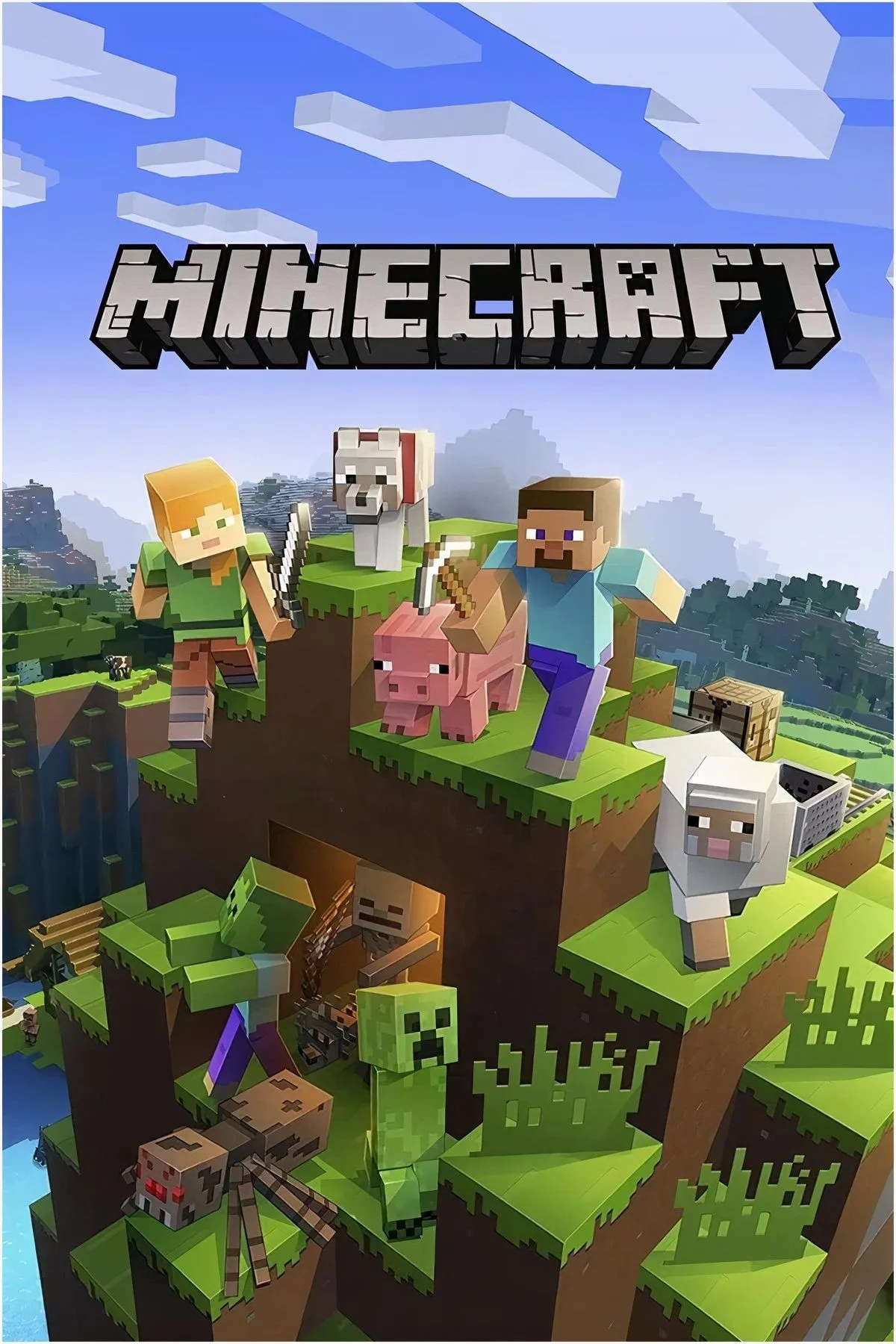 Một cảnh bình minh hoặc hoàng hôn trong Minecraft, với ánh sáng chiếu qua các khối vuông và những cái cây.