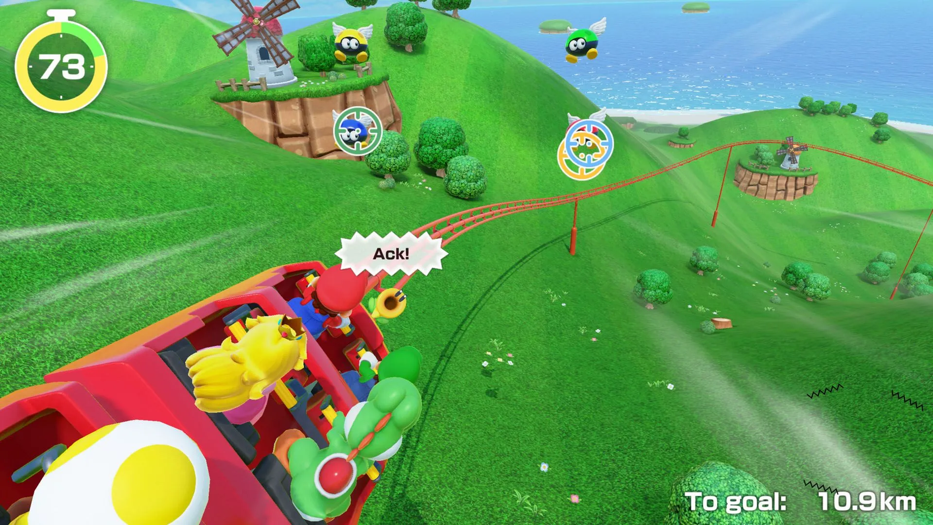Một góc nhìn rộng hơn của màn chơi game Super Mario Party Jamboree với các nhân vật và bản đồ tương tác trên Nintendo Switch 2