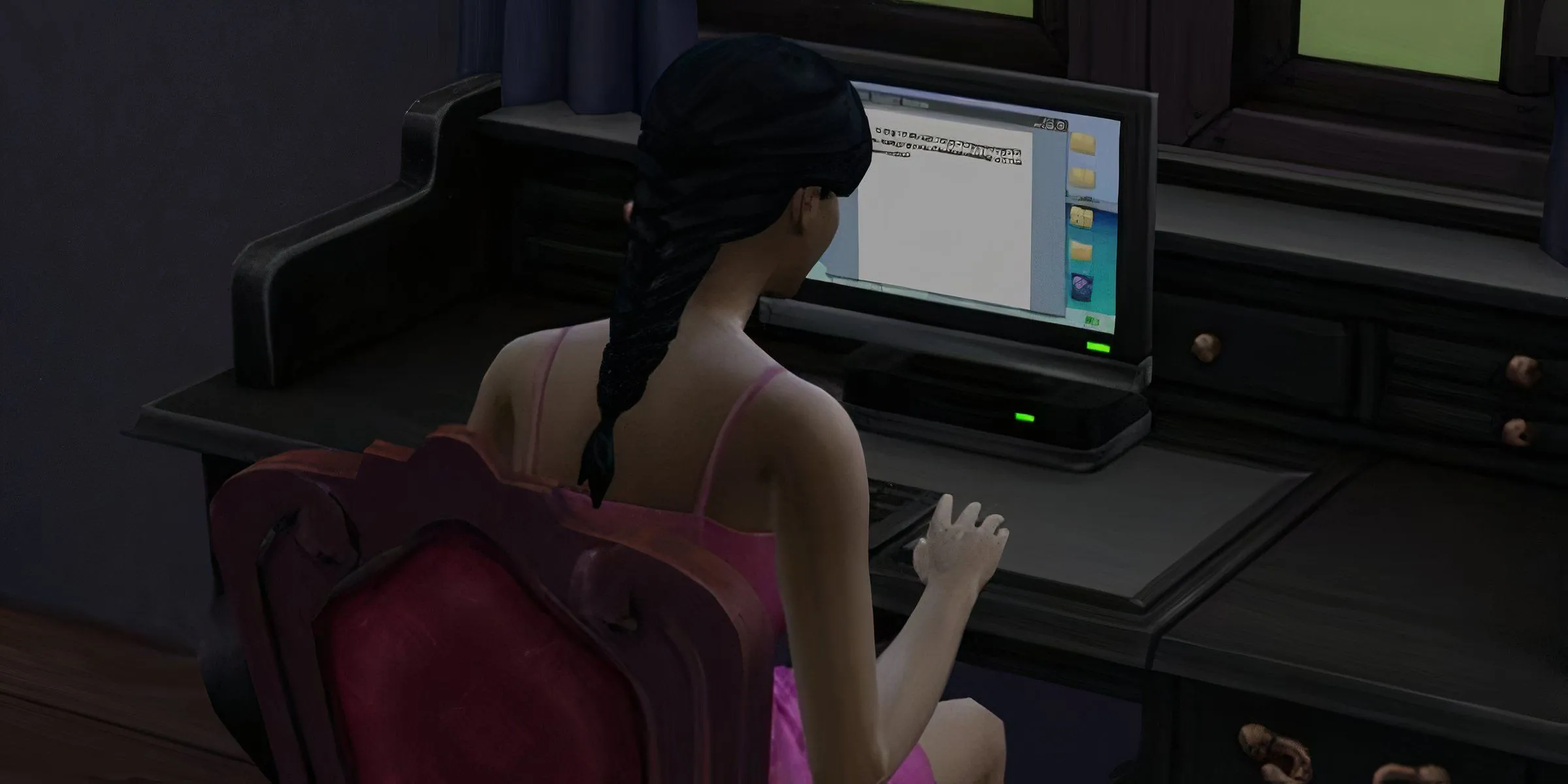 Một nhân vật Sim đang sử dụng máy tính trong The Sims 4, tượng trưng cho trải nghiệm chơi game PC