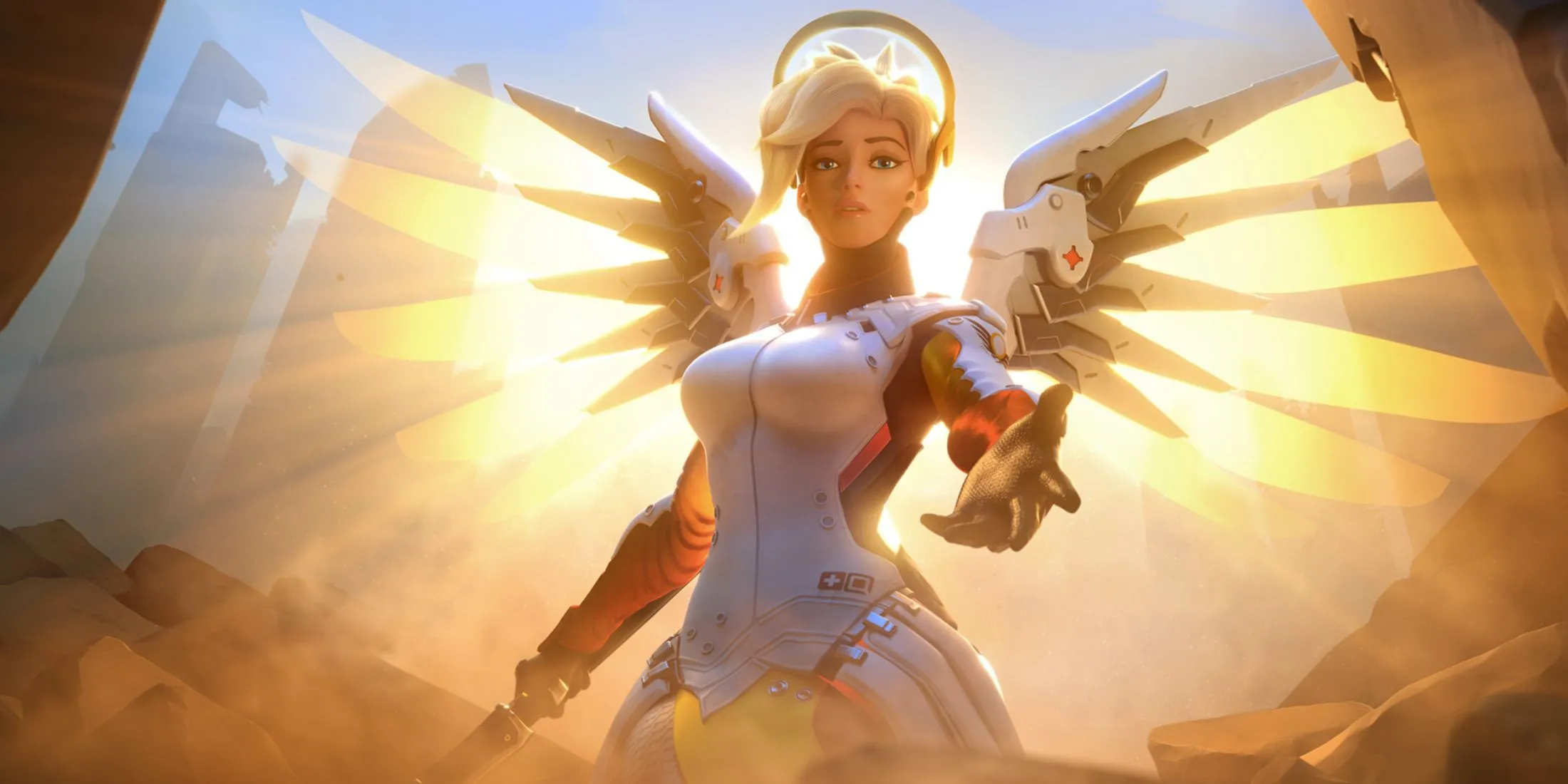 Nàng y tá Mercy trong Overwatch 2 với bộ trang phục đặc trưng