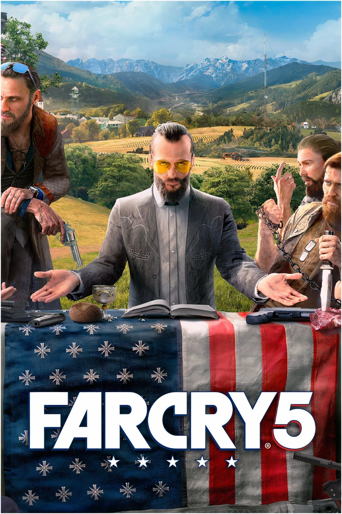 Người chơi ẩn nấp trong bụi rậm, chuẩn bị tấn công một nhóm thành viên giáo phái trong Far Cry 5, trải nghiệm hành động thế giới mở đầy tự do.