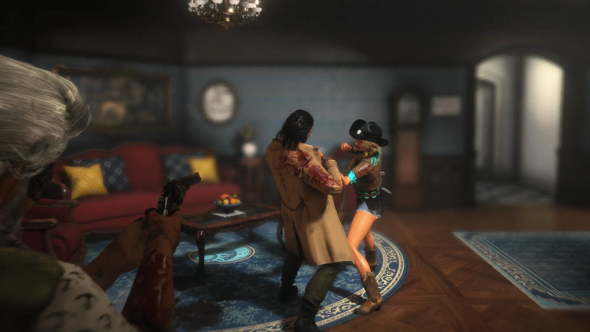 Người chơi trong vai Cừu đang tìm kiếm manh mối trong sảnh chính khách sạn gothic của Killer Inn, ánh sáng mờ ảo làm tăng thêm vẻ ma mị và bí ẩn.