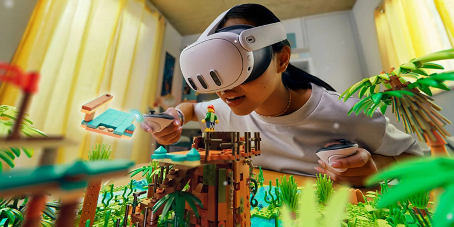 Người dùng trải nghiệm thực tế hỗn hợp (Mixed Reality) với tai nghe Meta Quest, hiển thị các vật thể ảo hòa nhập vào môi trường thật thông qua tính năng Passthrough.