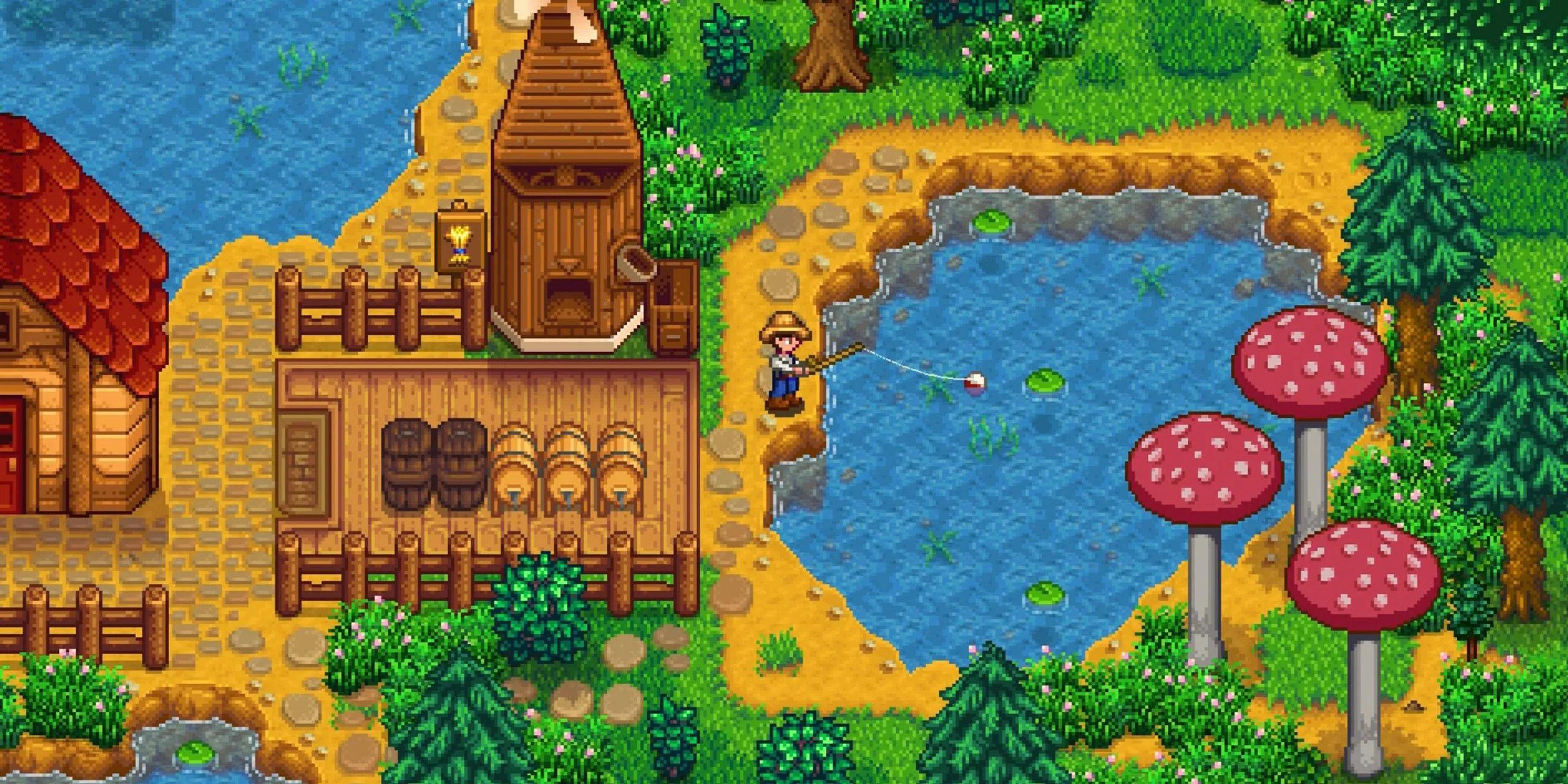 Người nông dân đang câu cá trong game indie Stardew Valley, biểu tượng cho sự thành công của các tựa game độc lập.