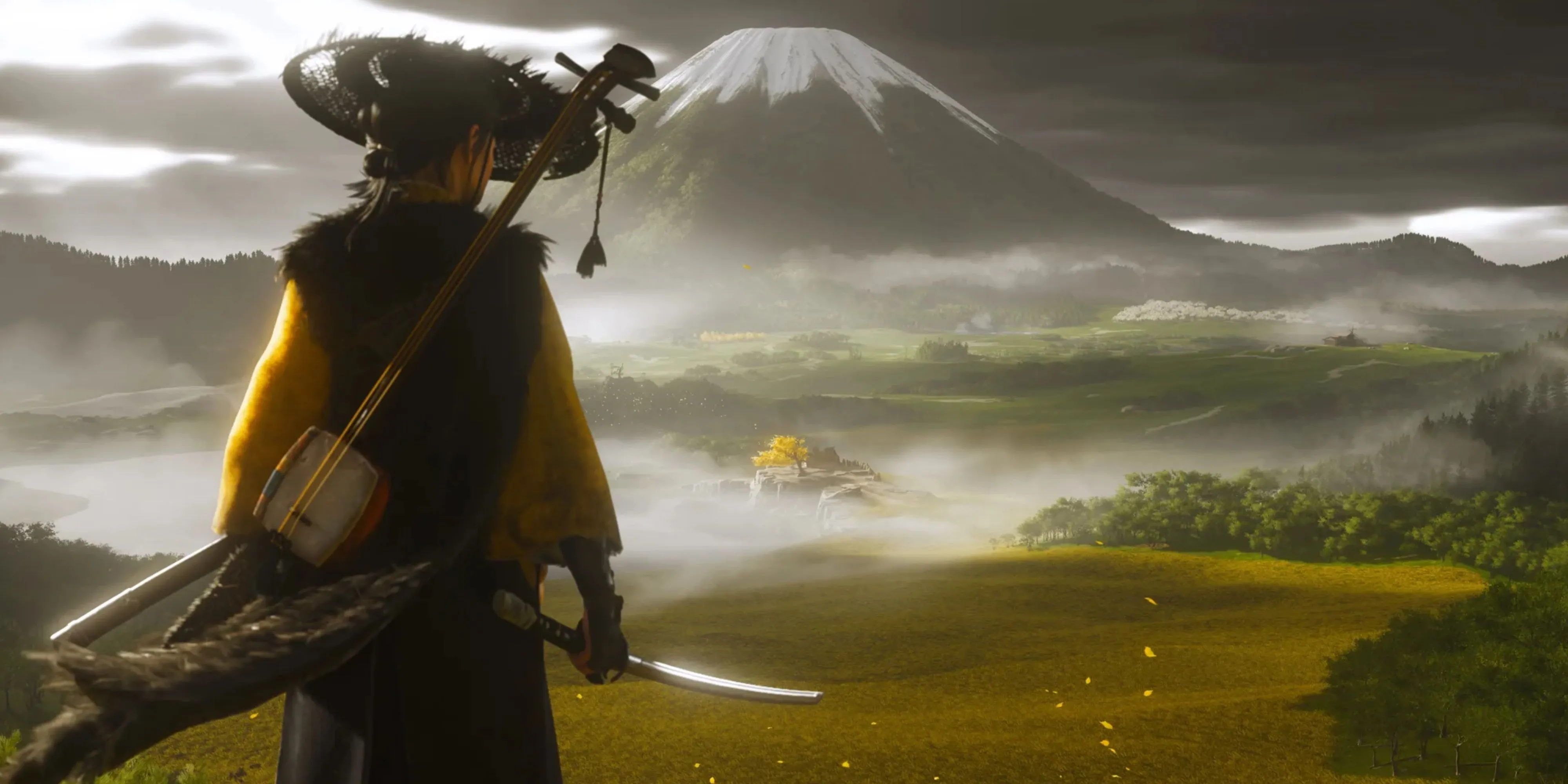 Nhân vật Atsu trong Ghost of Yotei đang nhìn về phía ngọn núi tuyết hùng vĩ, thể hiện sự tĩnh lặng và kỳ vĩ của bối cảnh game thế giới mở.