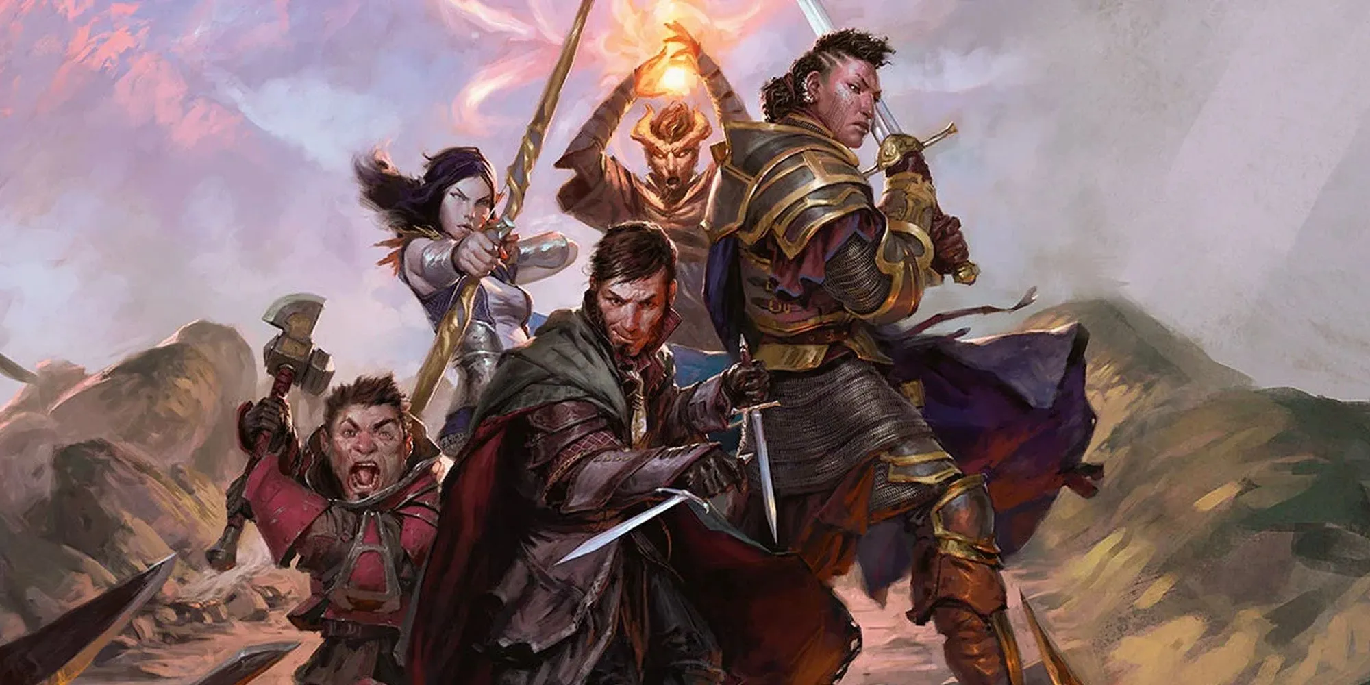 Nhóm mạo hiểm giả Dungeons &amp; Dragons sẵn sàng chiến đấu, thể hiện sự vũ trang mạnh mẽ.