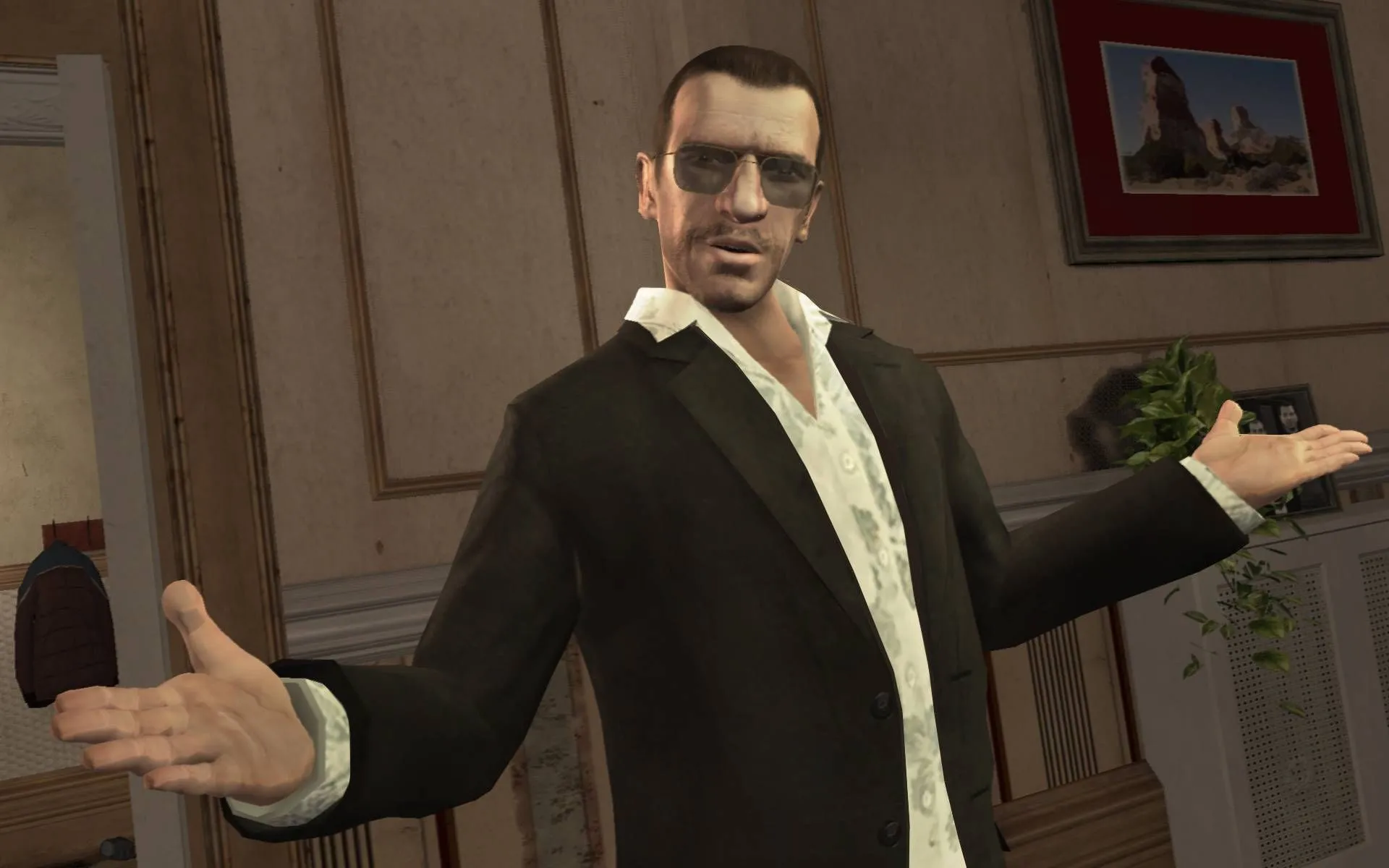 Niko Bellic điển trai với áo khoác da, đứng trên bìa tạp chí trong Grand Theft Auto IV