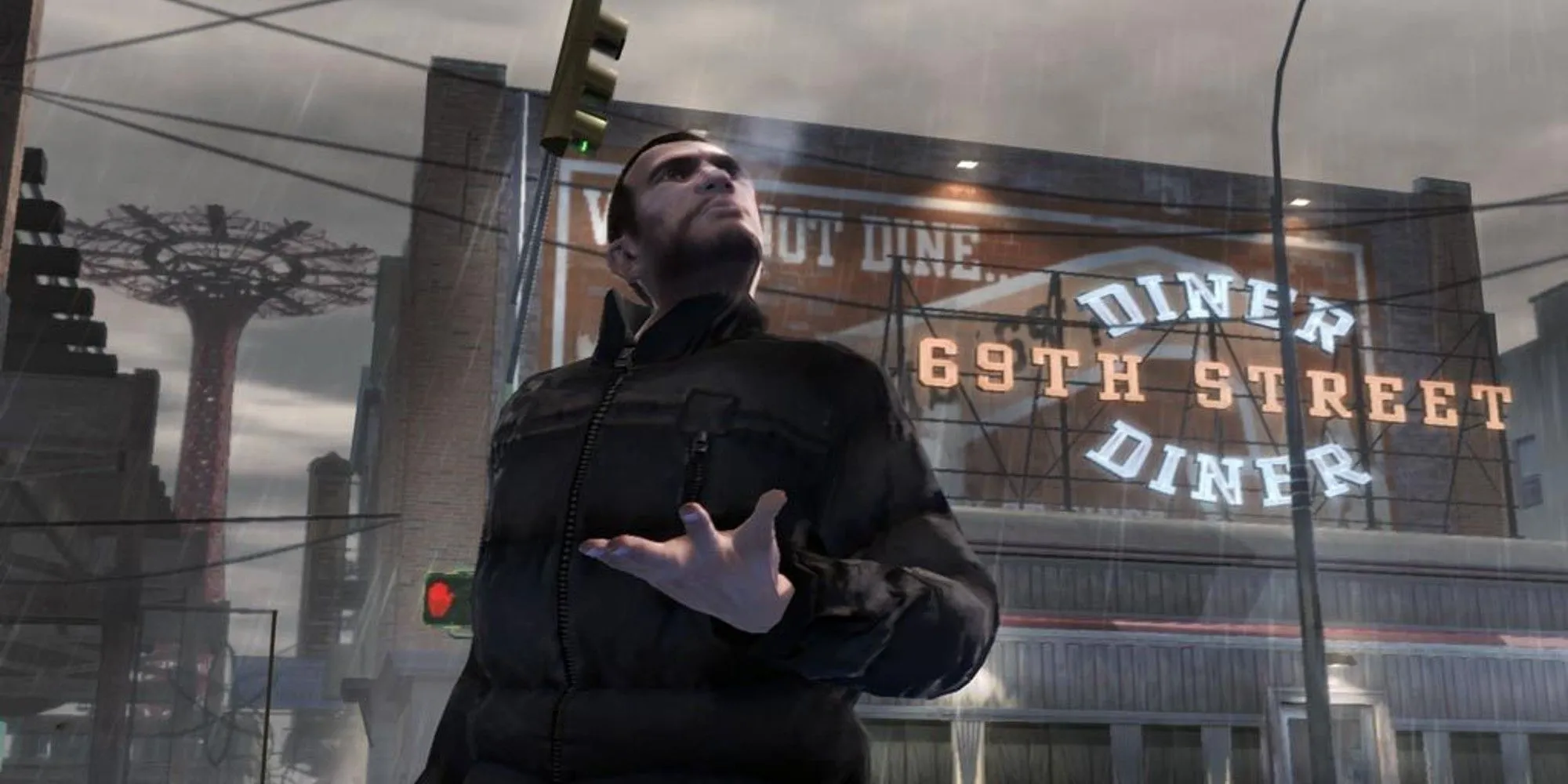 Niko Bellic hút thuốc lá, trầm tư nhìn ra Liberty City, hình ảnh biểu tượng của nhân vật chính xám trong GTA IV