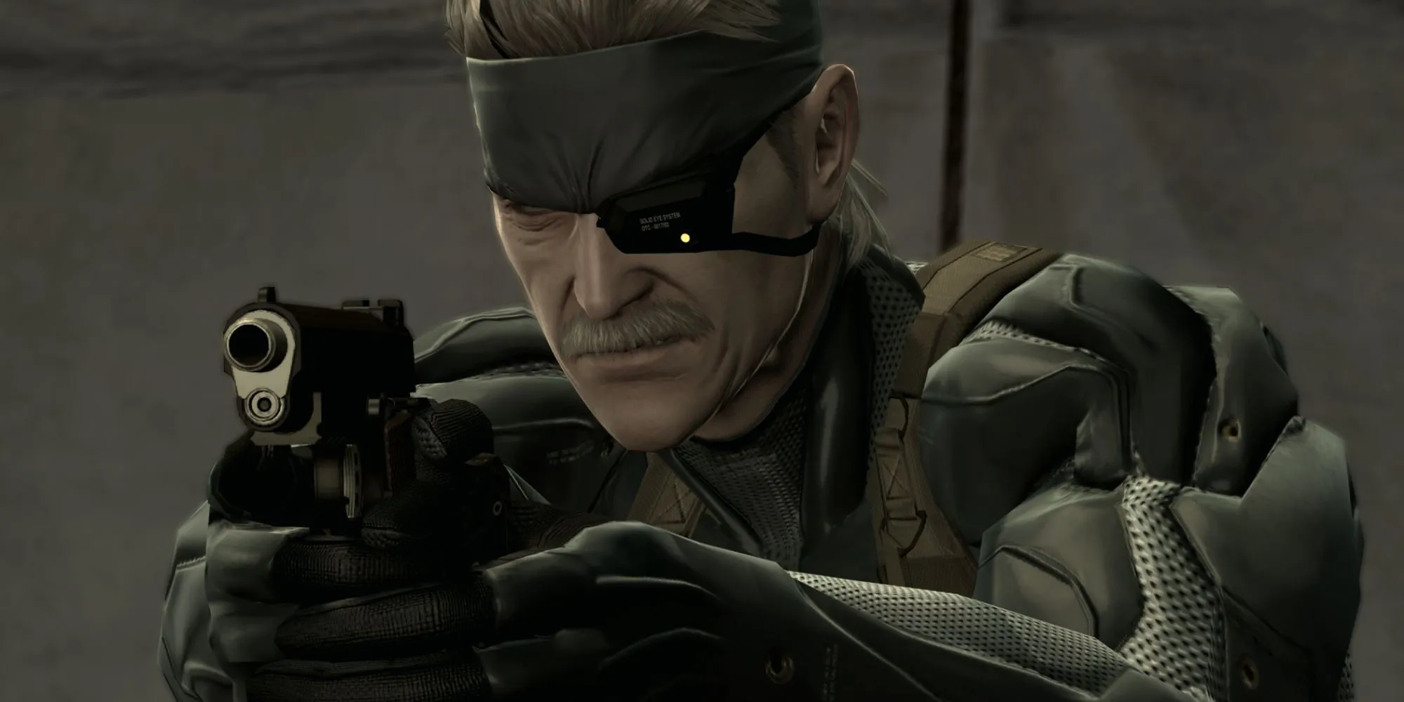 Old Snake aiming with a gun in Metal Gear Solid 4: Guns of the Patriots.
