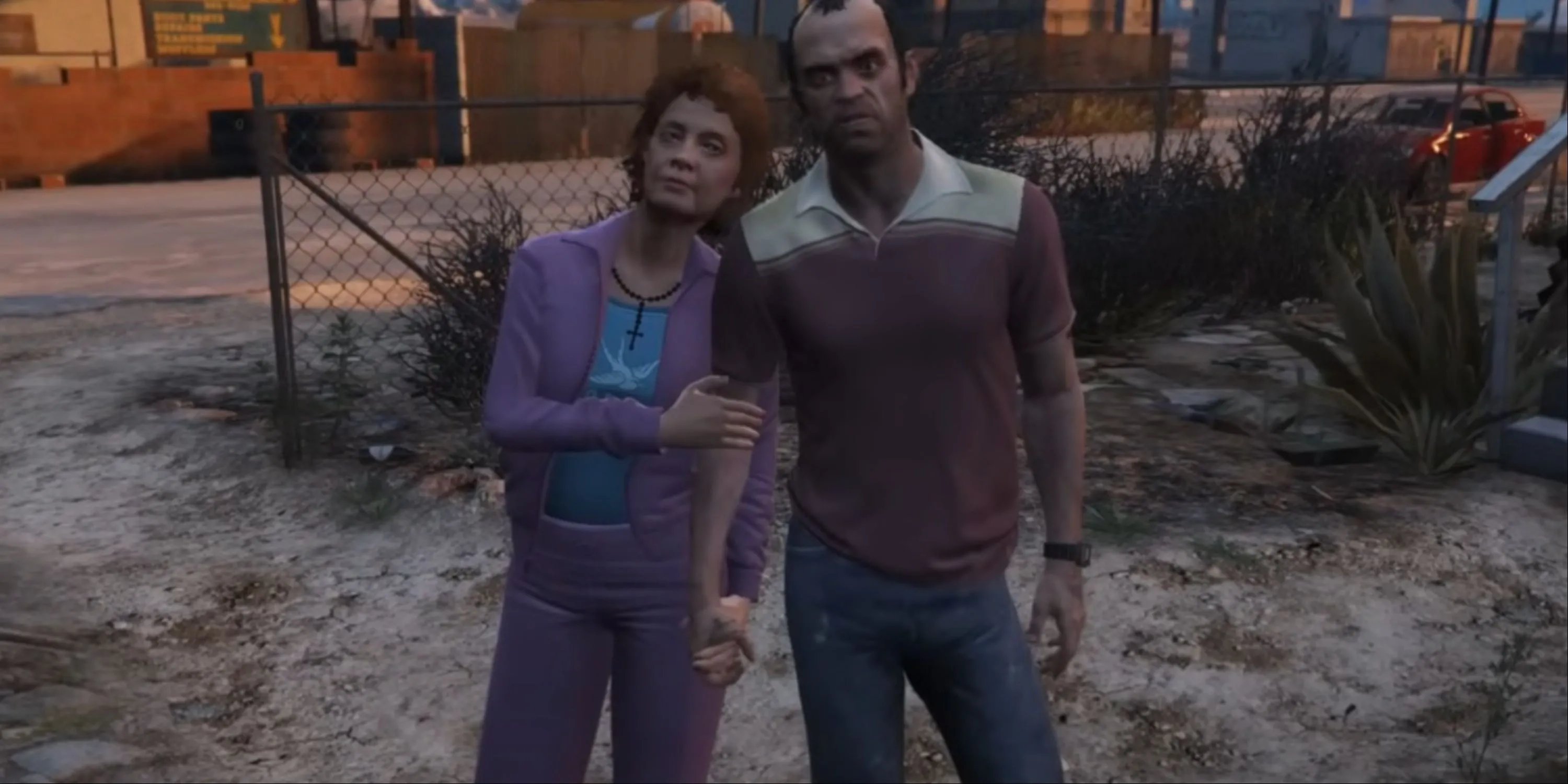 Patricia đang ôm Trevor trong GTA 5, thể hiện mối quan hệ bất ngờ và đầy biến động.