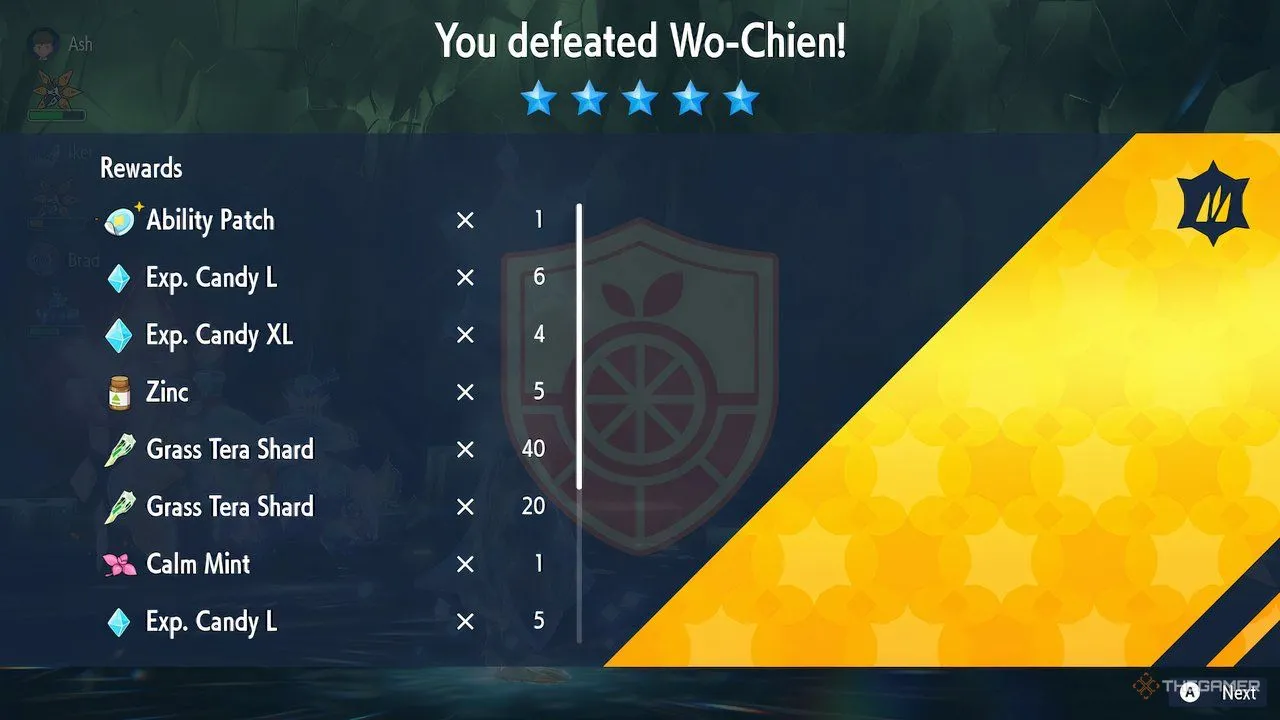 Phần thưởng Ability Patch nhận được sau khi đánh bại Wo-Chien Tera Raid trong Pokemon Scarlet &amp; Violet