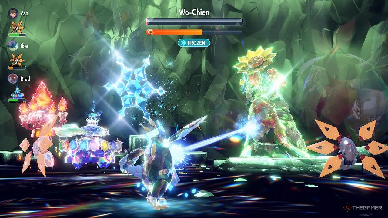 Pokemon Empoleon sử dụng Ice Beam đóng băng Wo-Chien Shiny trong Tera Raid
