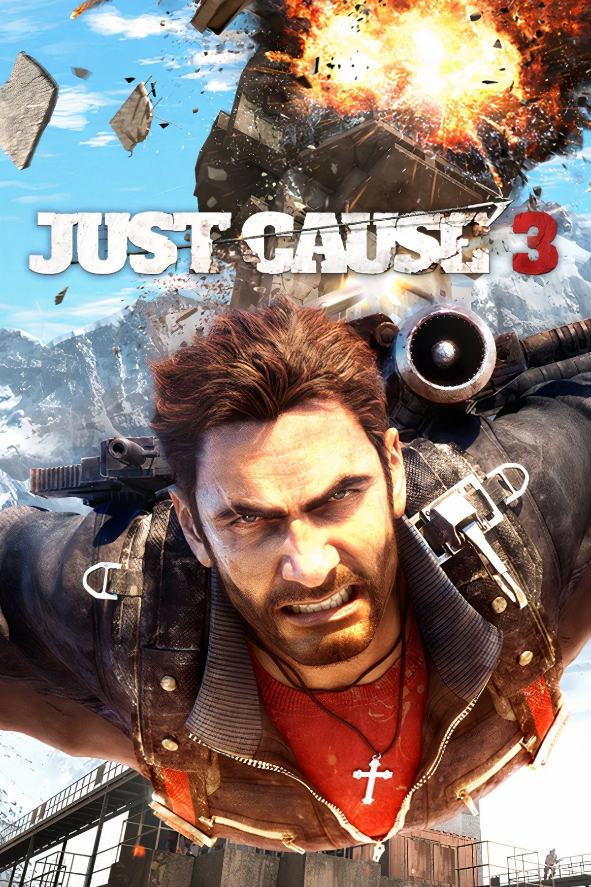 Rico Rodriguez với súng và móc kéo chuẩn bị tạo ra vụ nổ lớn trong game Just Cause 3, thể hiện sự hỗn loạn và giải trí đỉnh cao.